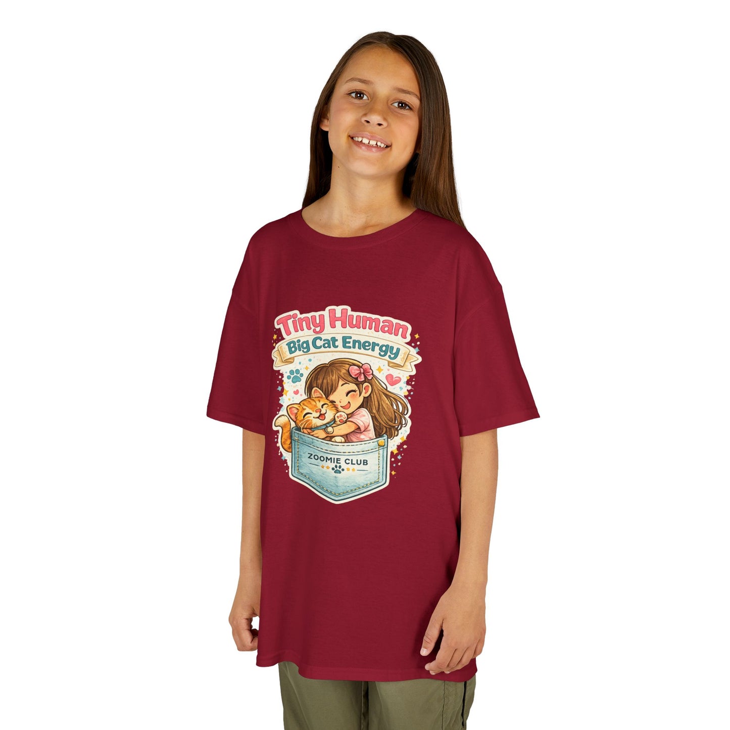 Kids Tee — "Tiny Human, Big Cat Energy" Pocket Kitten Graphic