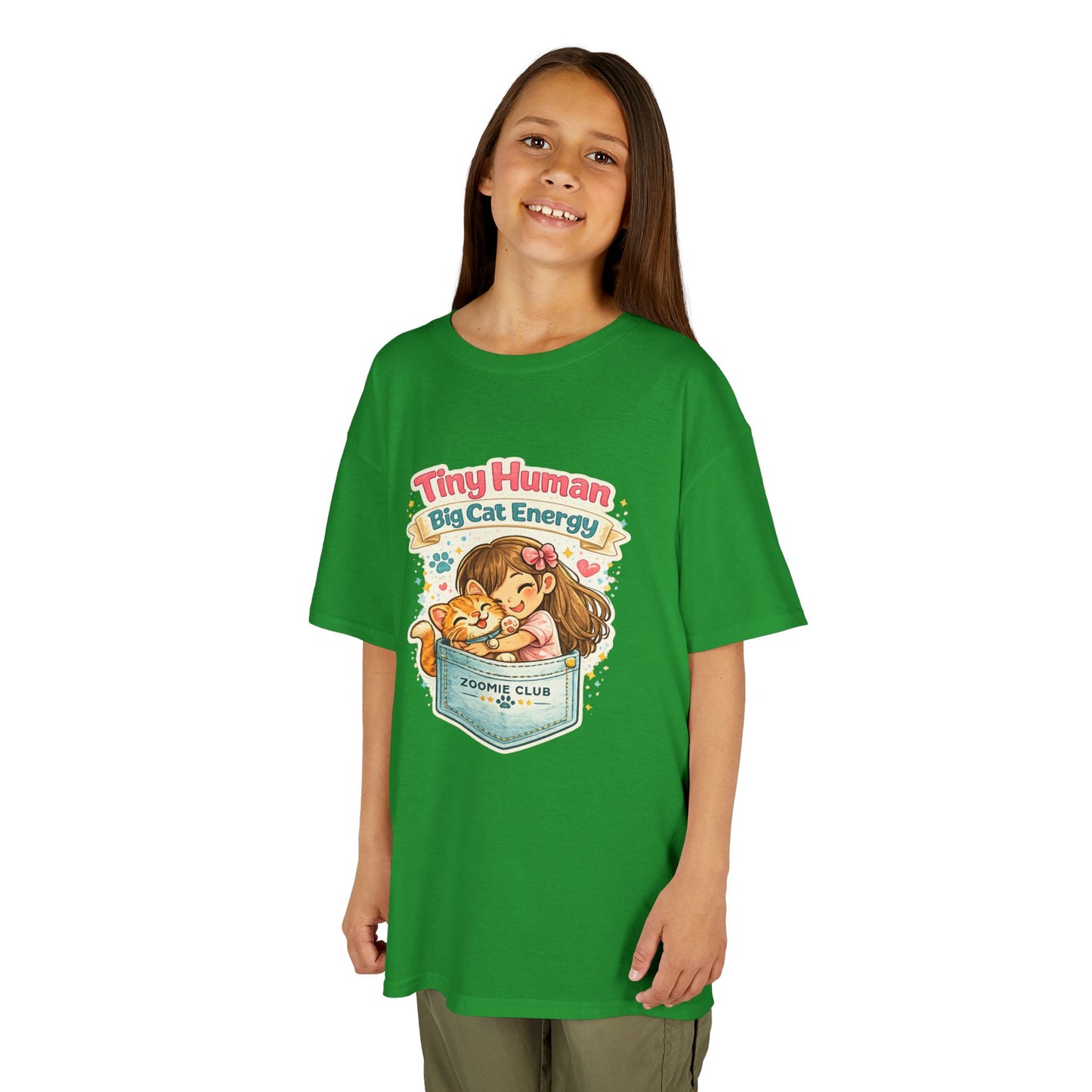 Kids Tee — "Tiny Human, Big Cat Energy" Pocket Kitten Graphic