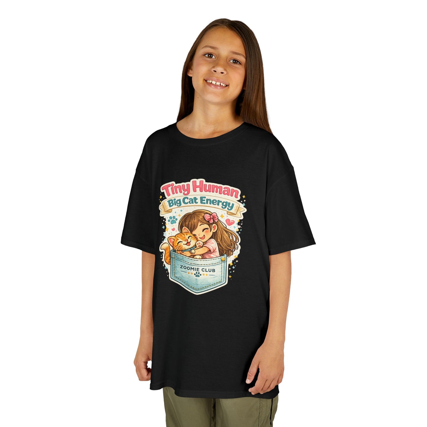Kids Tee — "Tiny Human, Big Cat Energy" Pocket Kitten Graphic