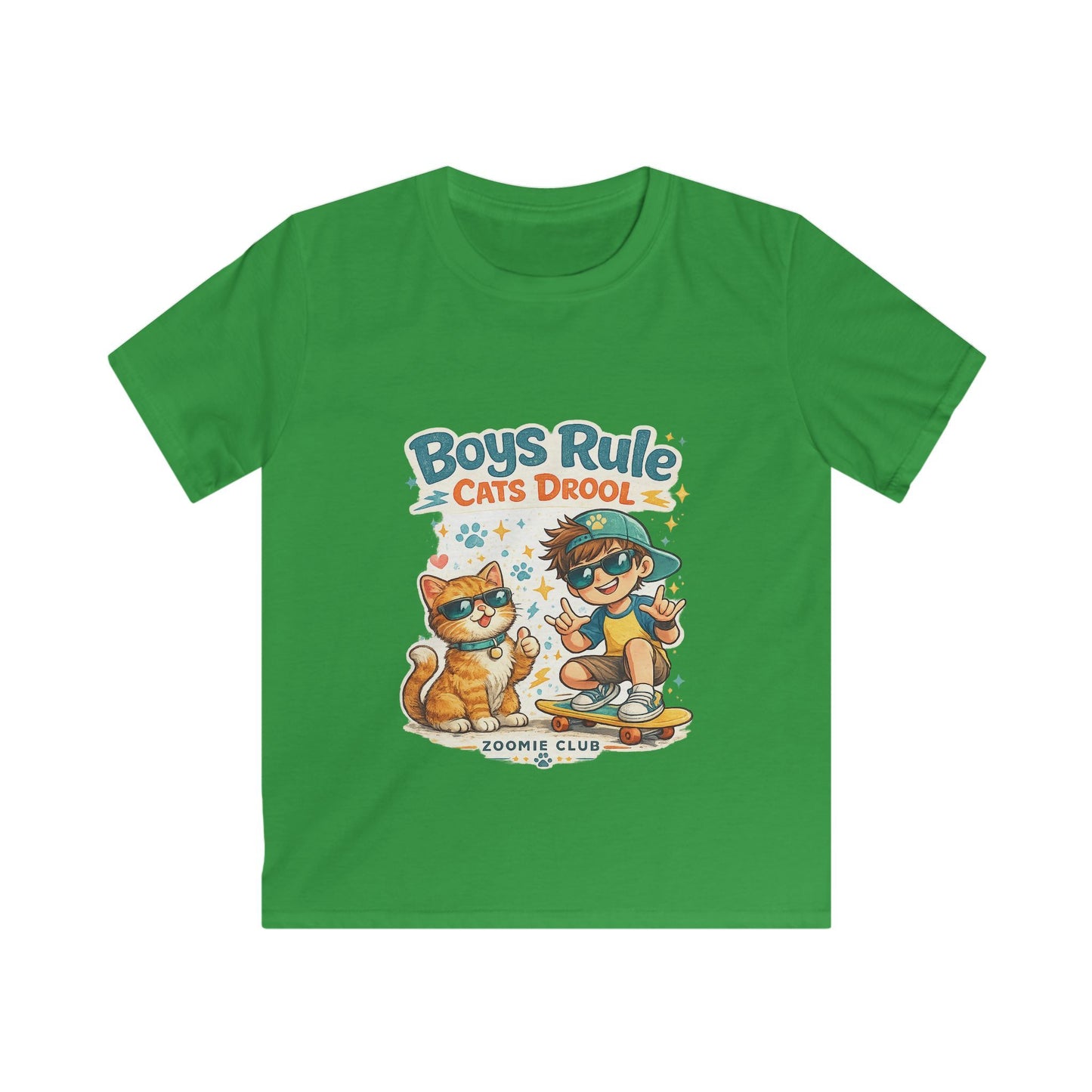 Boys Rule Cats Drool Kids T-Shirt — Cute Skateboard Cat Graphic Tee