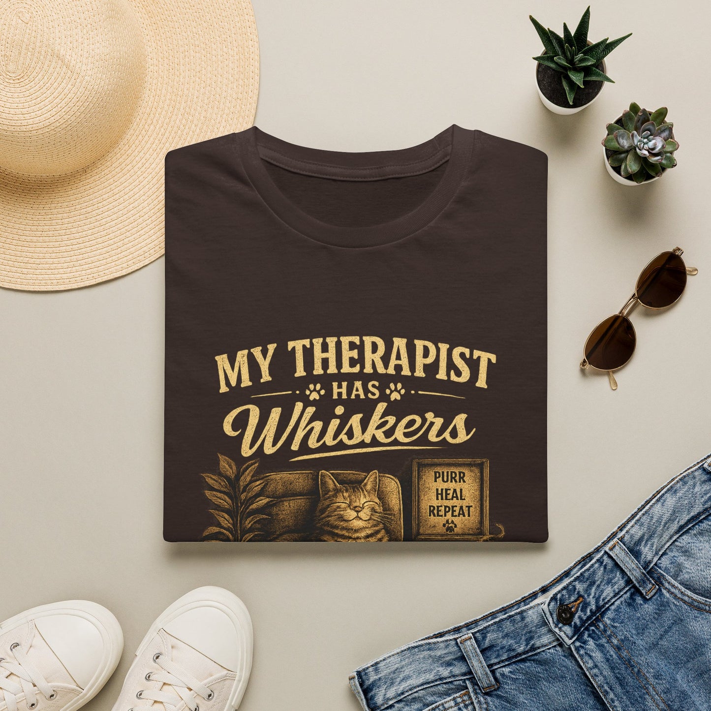 My Therapist Has Whiskers Cat T-Shirt — Funny Cat Lover Tee (Purr Heal Repeat)