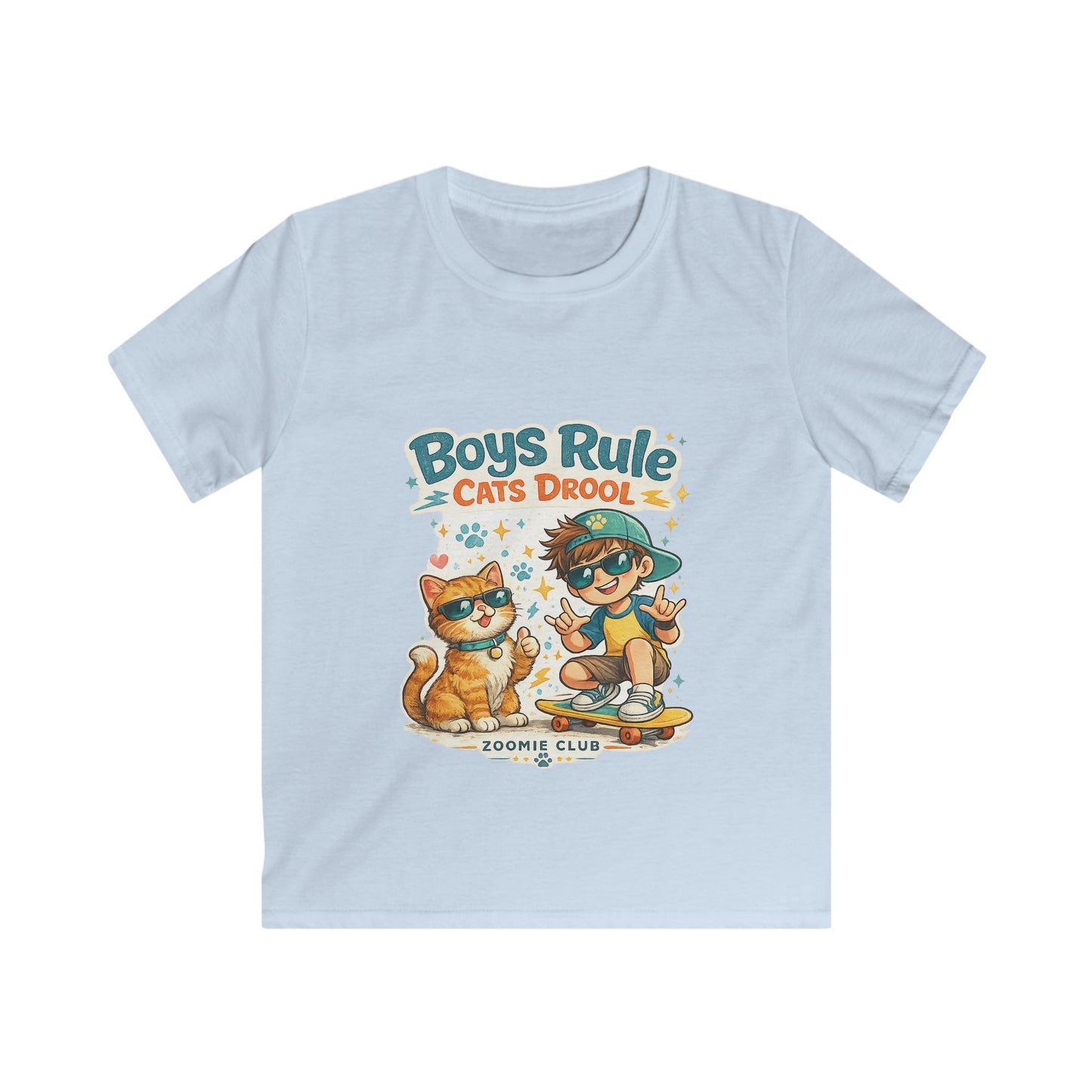 Boys Rule Cats Drool Kids T-Shirt — Cute Skateboard Cat Graphic Tee