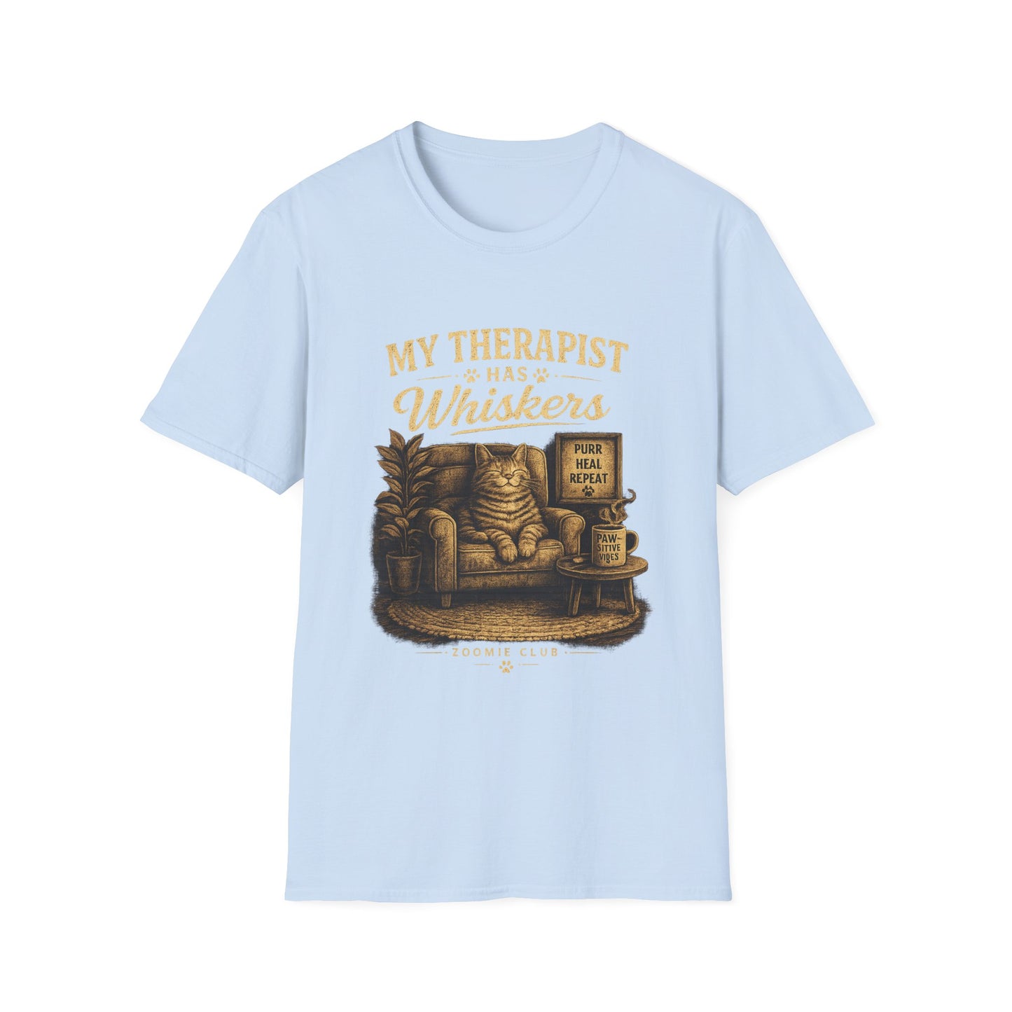 My Therapist Has Whiskers Cat T-Shirt — Funny Cat Lover Tee (Purr Heal Repeat)