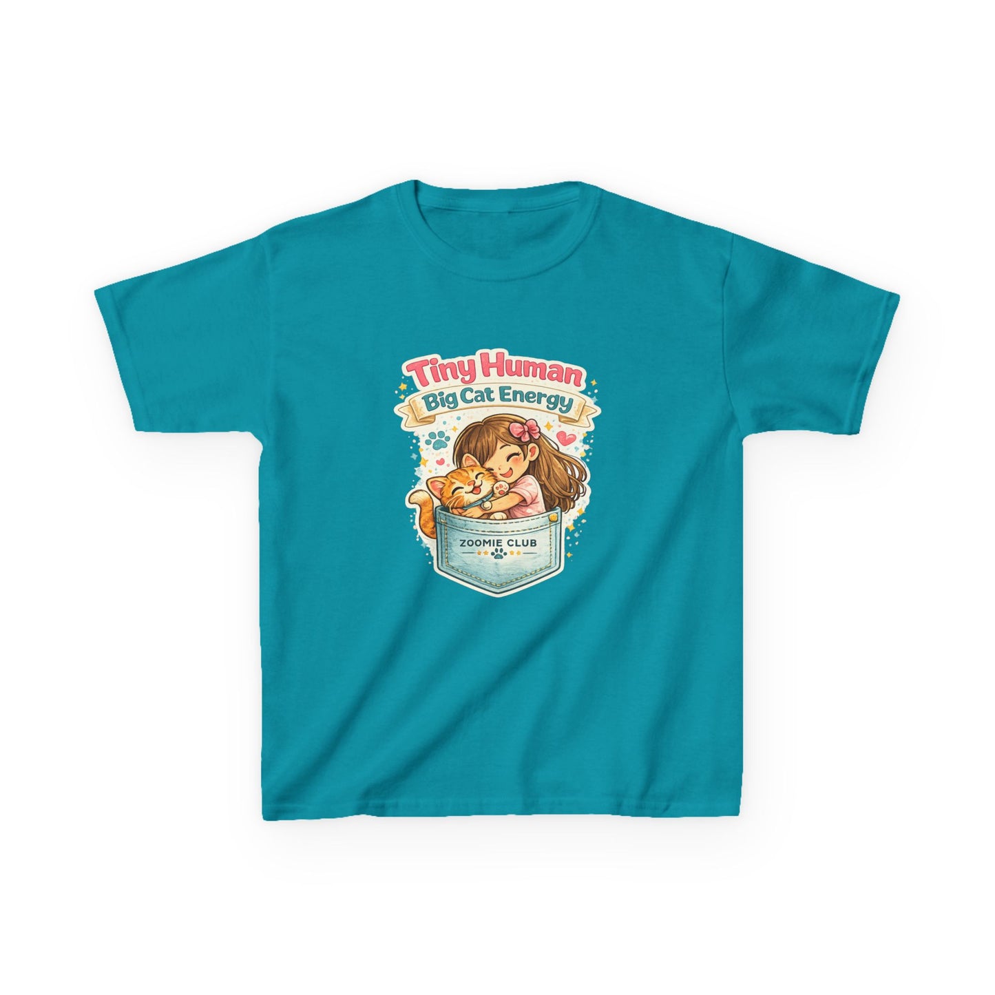 Kids Tee — "Tiny Human, Big Cat Energy" Pocket Kitten Graphic