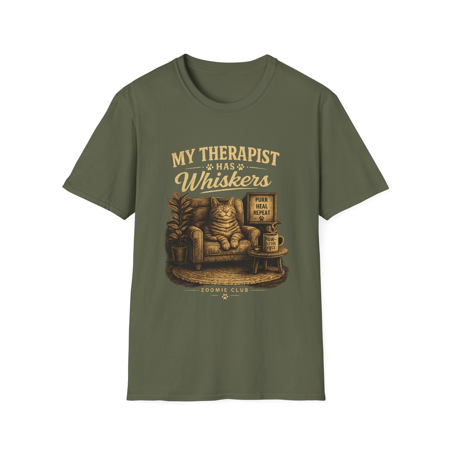 My Therapist Has Whiskers Cat T-Shirt — Funny Cat Lover Tee (Purr Heal Repeat)
