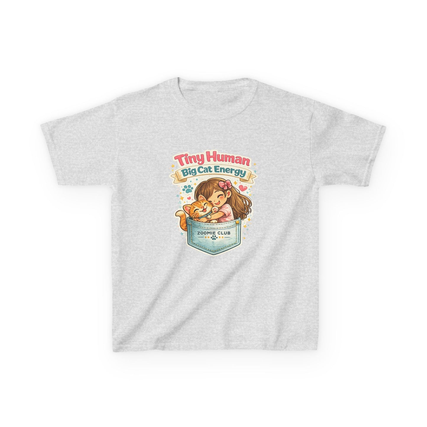 Kids Tee — "Tiny Human, Big Cat Energy" Pocket Kitten Graphic