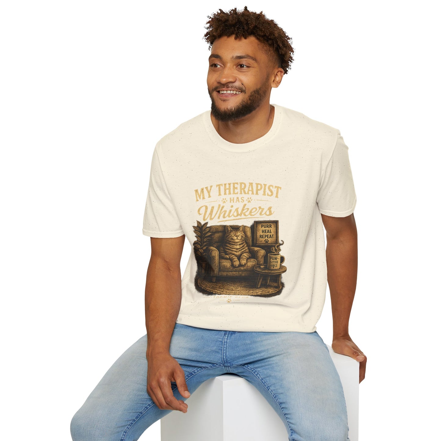 My Therapist Has Whiskers Cat T-Shirt — Funny Cat Lover Tee (Purr Heal Repeat)