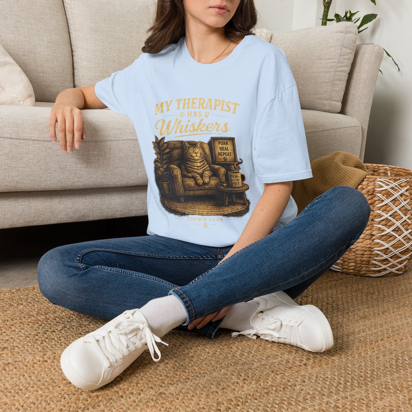 My Therapist Has Whiskers Cat T-Shirt — Funny Cat Lover Tee (Purr Heal Repeat)