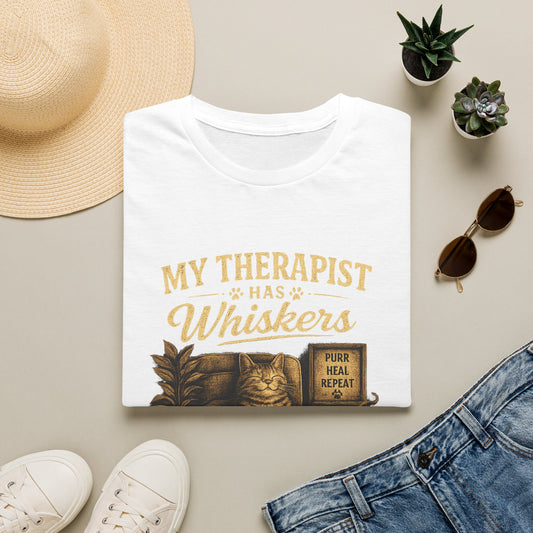 My Therapist Has Whiskers Cat T-Shirt — Funny Cat Lover Tee (Purr Heal Repeat)