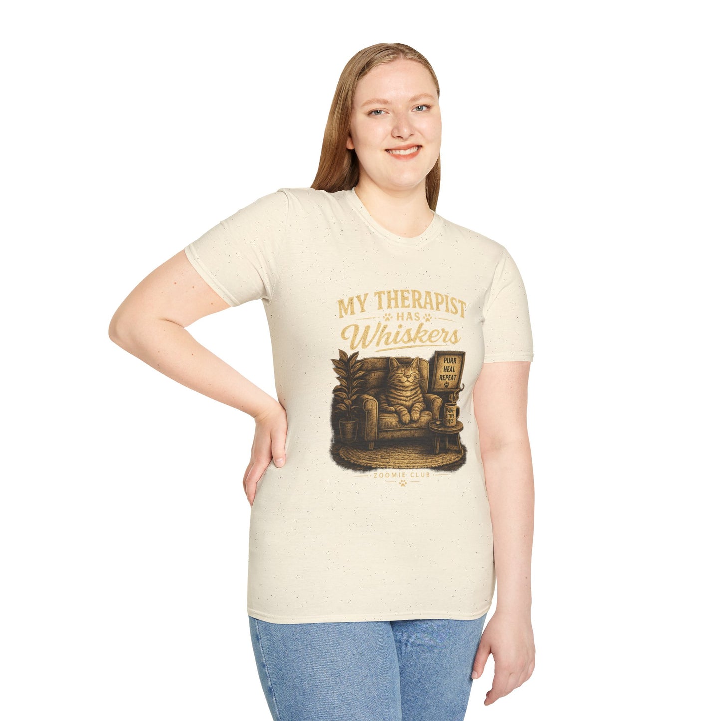 My Therapist Has Whiskers Cat T-Shirt — Funny Cat Lover Tee (Purr Heal Repeat)