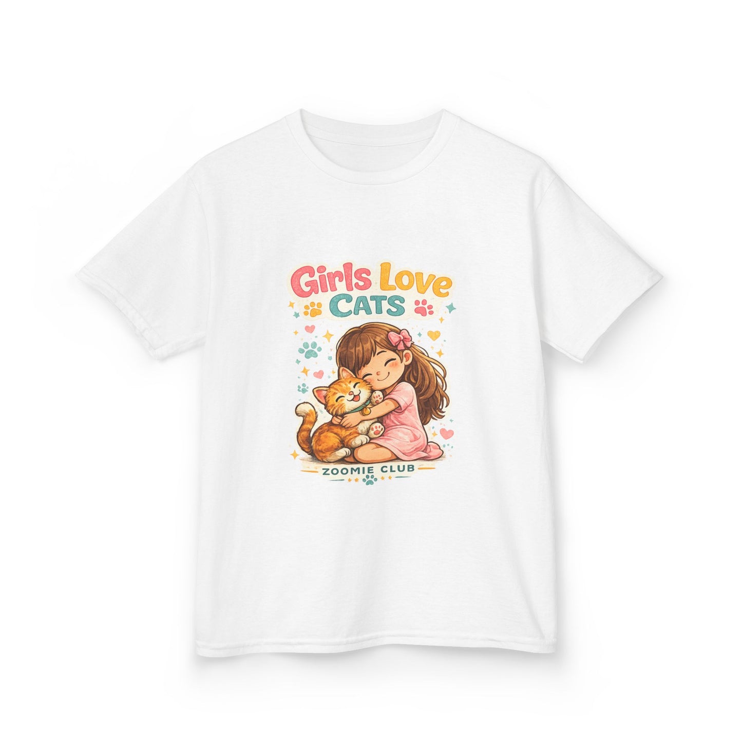 Kids Tee — "Girls Love Cats" Cute Kitten & Girl Graphic Shirt