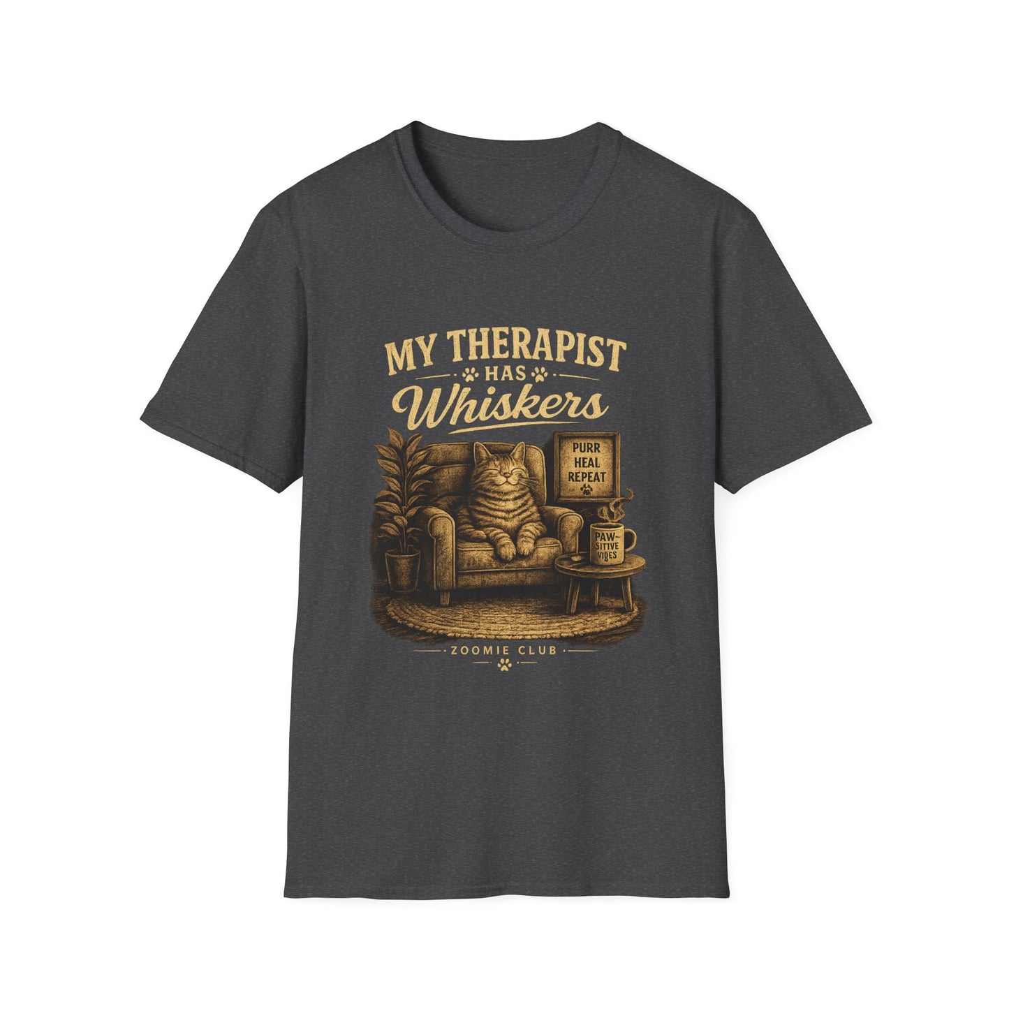 My Therapist Has Whiskers Cat T-Shirt — Funny Cat Lover Tee (Purr Heal Repeat)