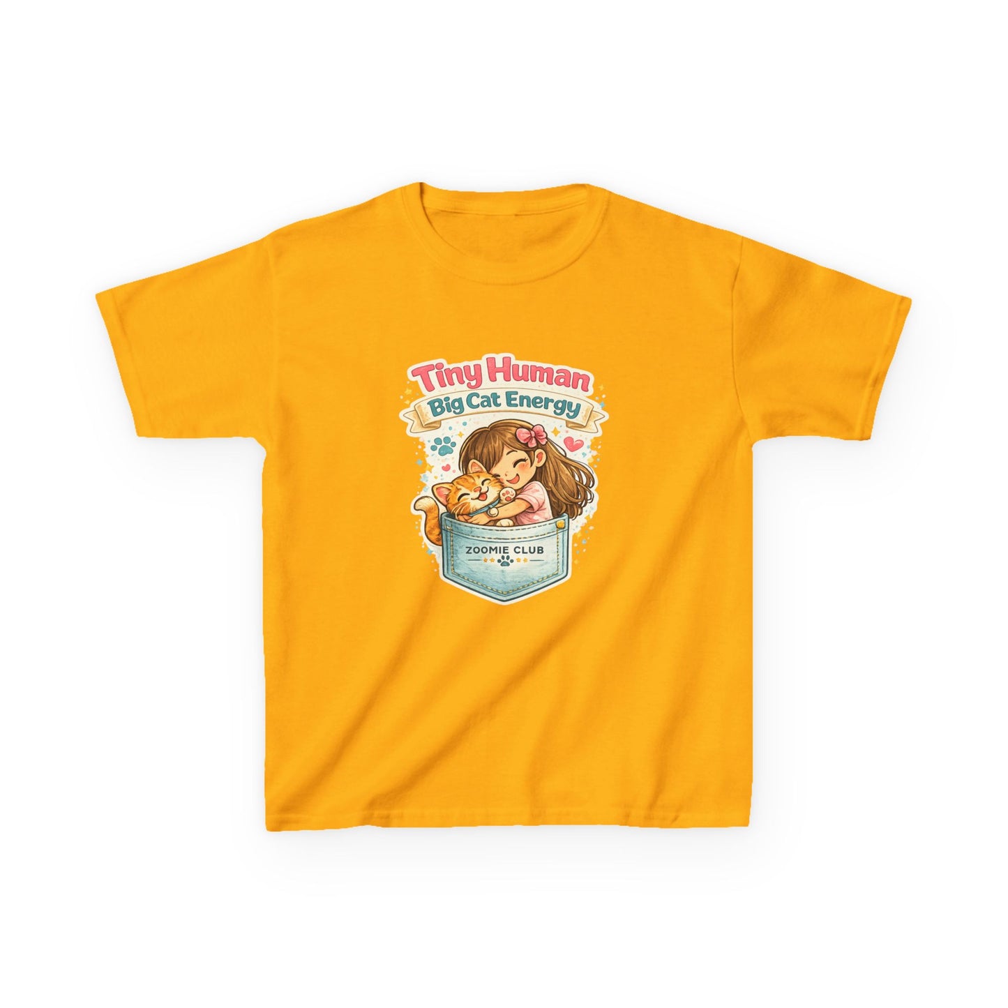 Kids Tee — "Tiny Human, Big Cat Energy" Pocket Kitten Graphic