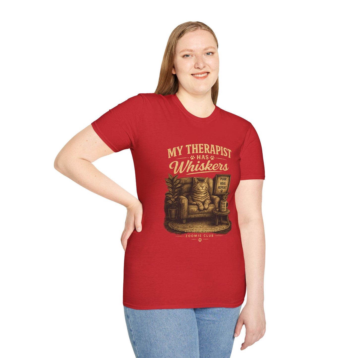 My Therapist Has Whiskers Cat T-Shirt — Funny Cat Lover Tee (Purr Heal Repeat)