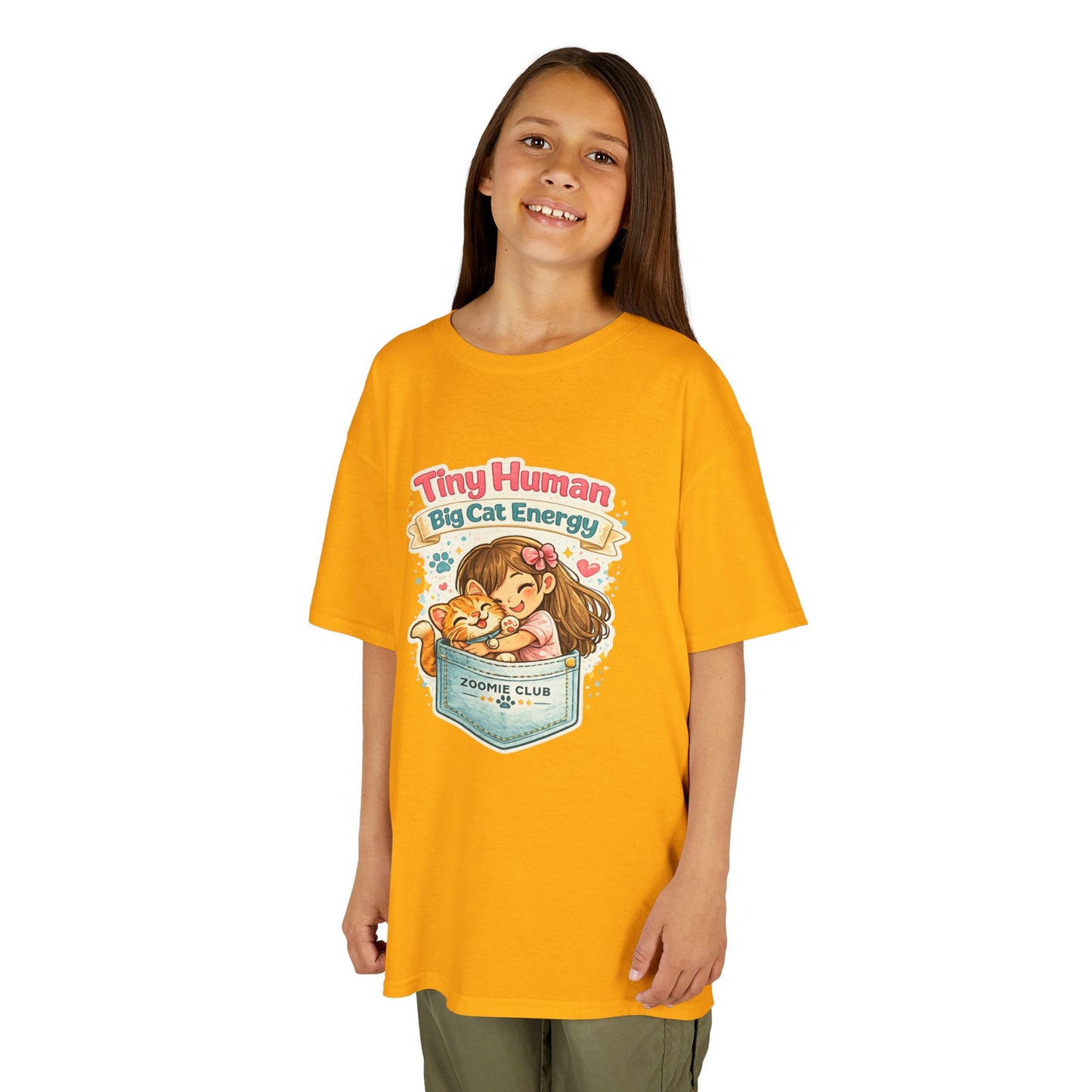 Kids Tee — "Tiny Human, Big Cat Energy" Pocket Kitten Graphic