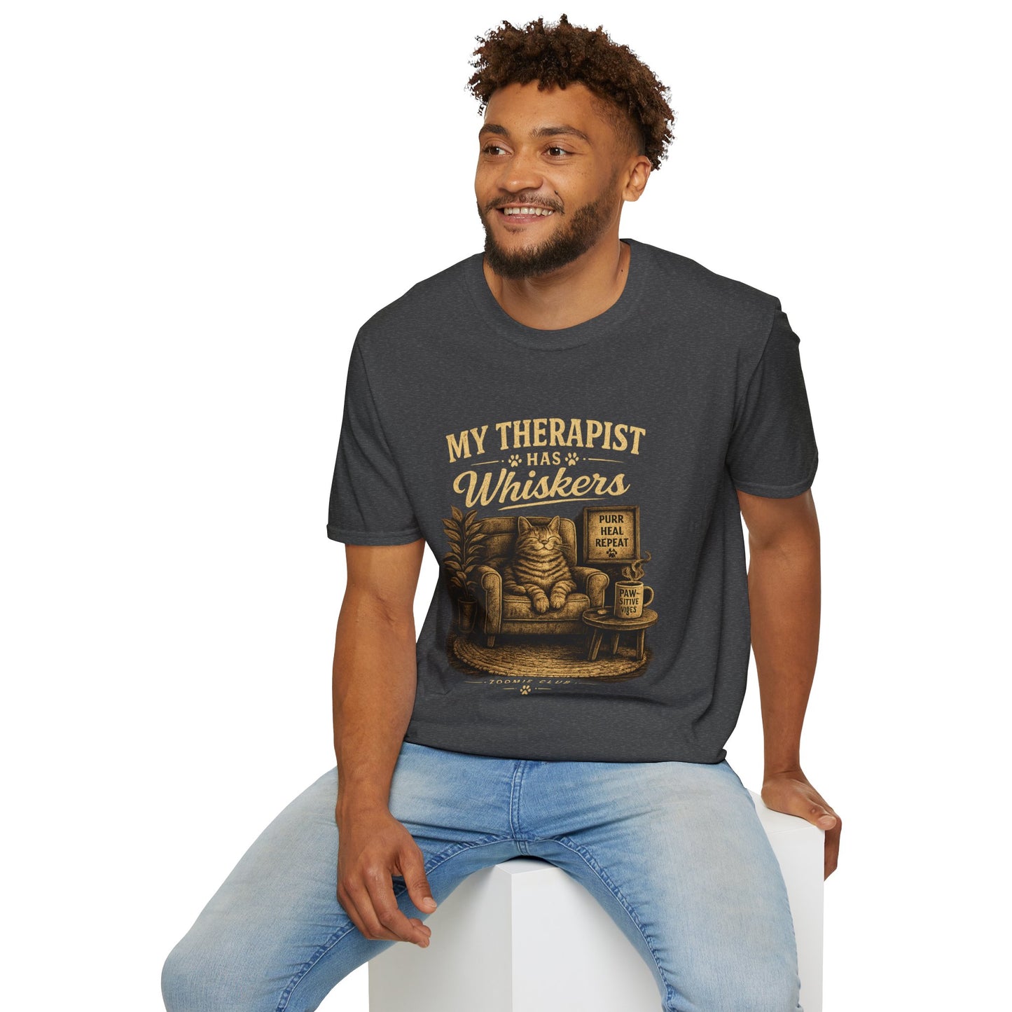 My Therapist Has Whiskers Cat T-Shirt — Funny Cat Lover Tee (Purr Heal Repeat)