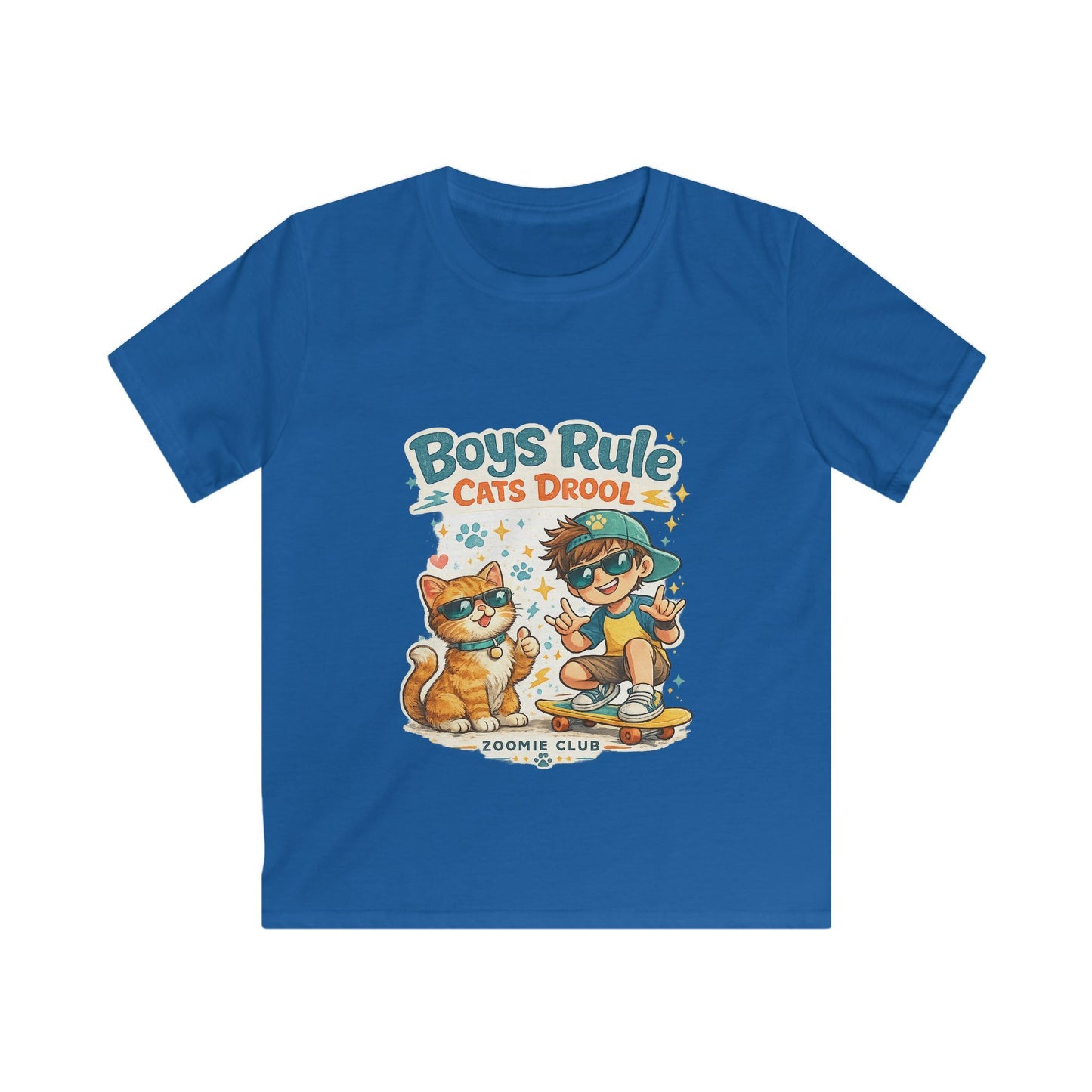 Boys Rule Cats Drool Kids T-Shirt — Cute Skateboard Cat Graphic Tee