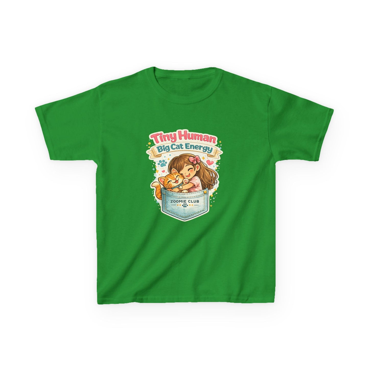 Kids Tee — "Tiny Human, Big Cat Energy" Pocket Kitten Graphic