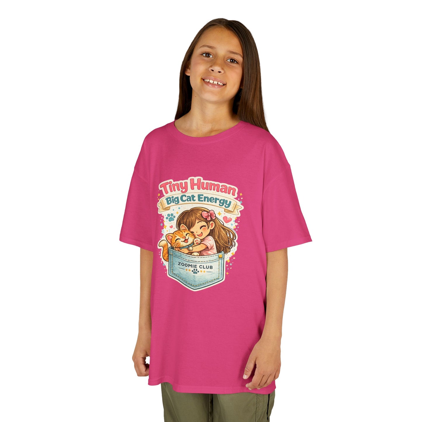 Kids Tee — "Tiny Human, Big Cat Energy" Pocket Kitten Graphic