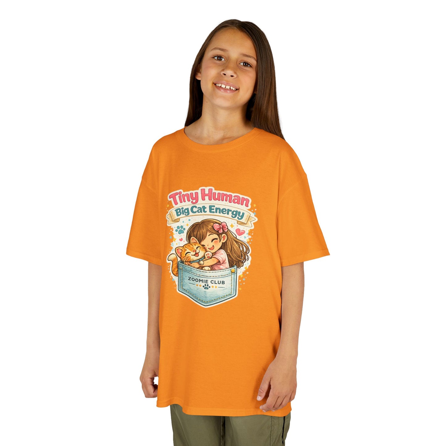 Kids Tee — "Tiny Human, Big Cat Energy" Pocket Kitten Graphic