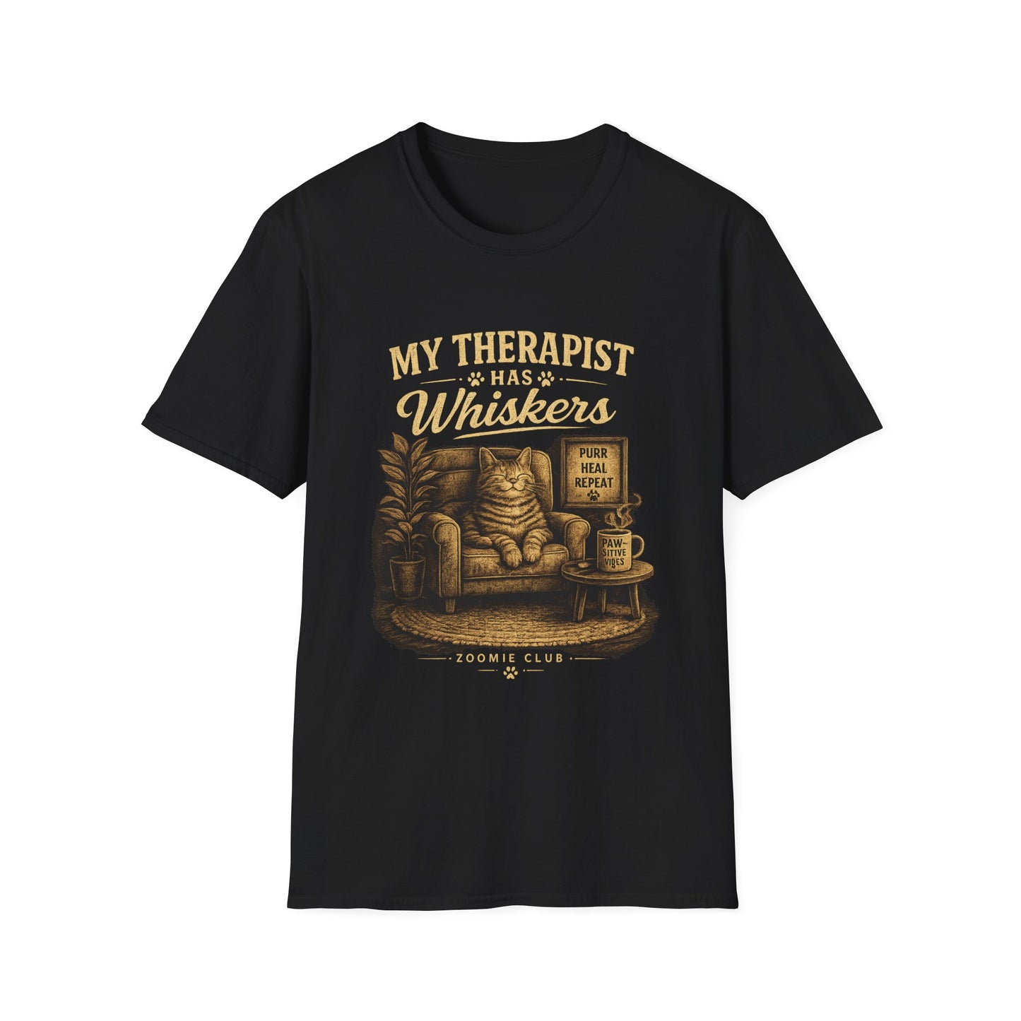 My Therapist Has Whiskers Cat T-Shirt — Funny Cat Lover Tee (Purr Heal Repeat)