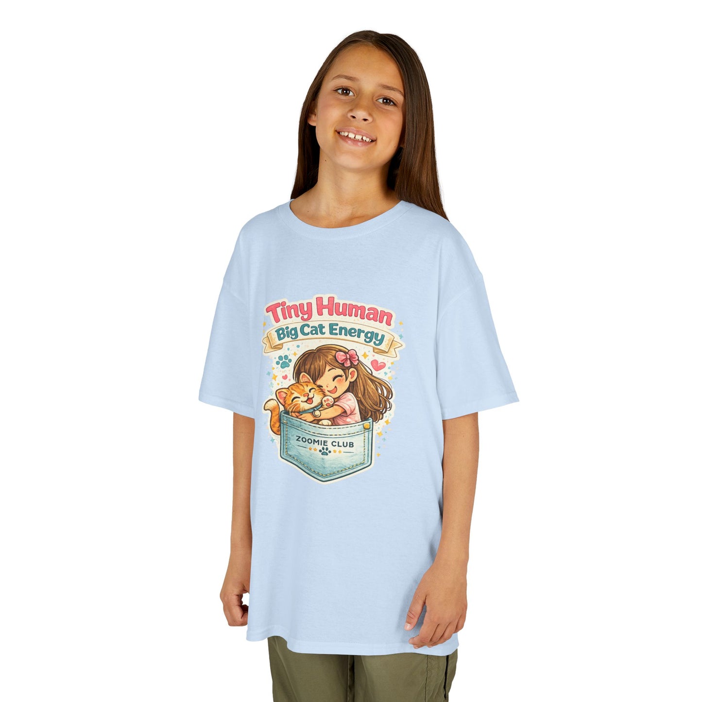 Kids Tee — "Tiny Human, Big Cat Energy" Pocket Kitten Graphic