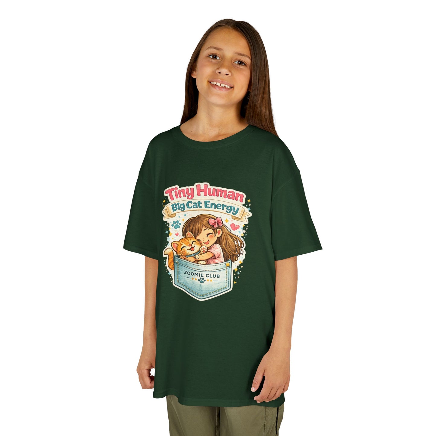 Kids Tee — "Tiny Human, Big Cat Energy" Pocket Kitten Graphic