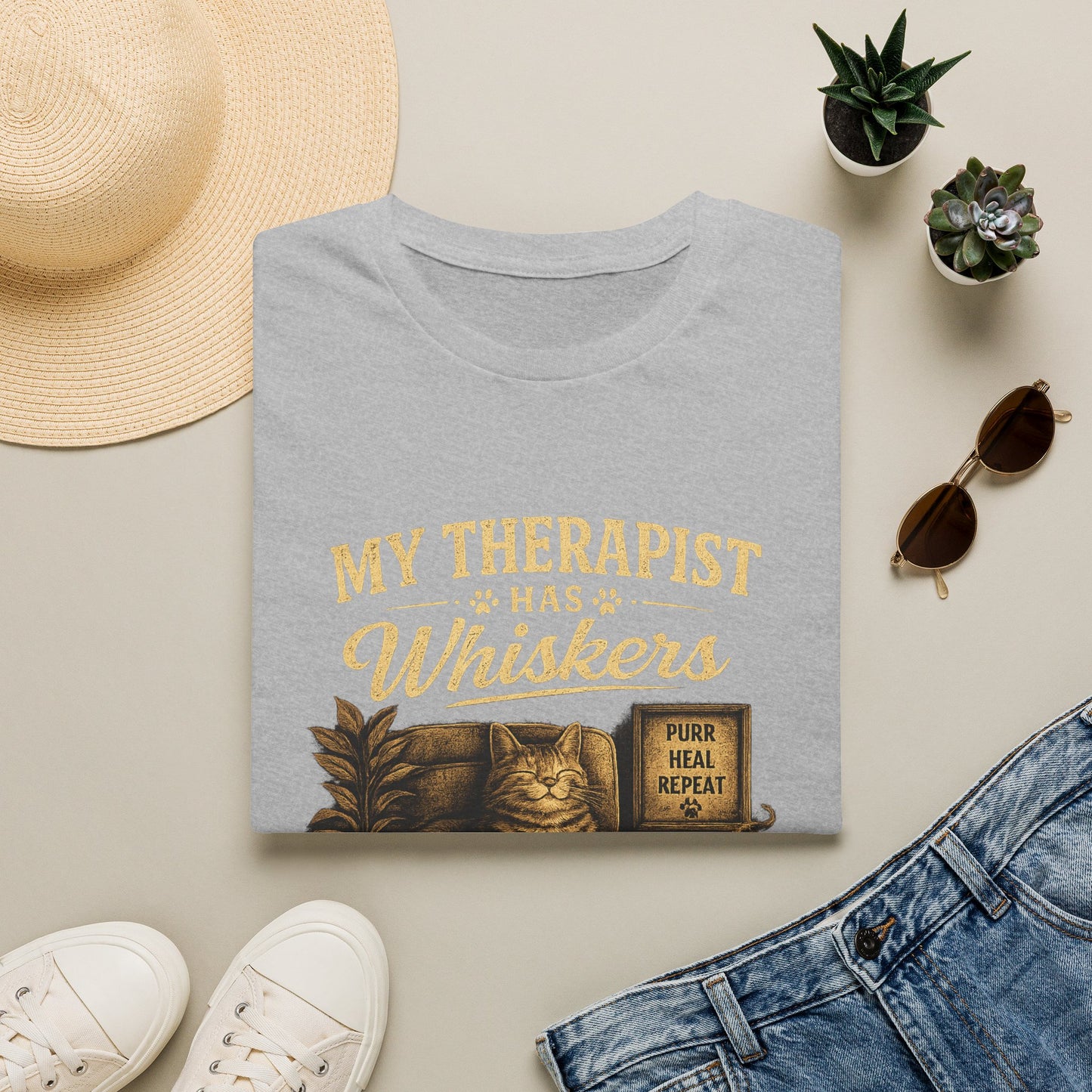 My Therapist Has Whiskers Cat T-Shirt — Funny Cat Lover Tee (Purr Heal Repeat)