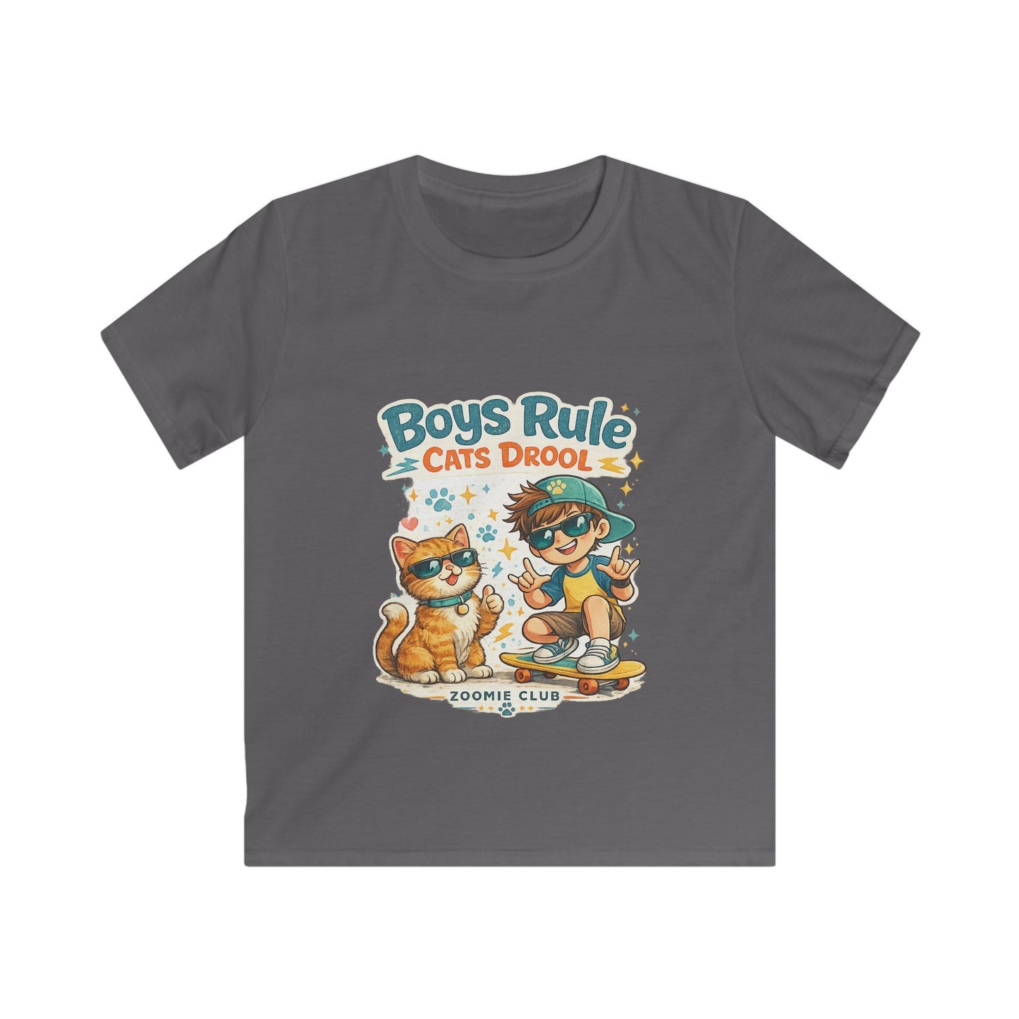 Boys Rule Cats Drool Kids T-Shirt — Cute Skateboard Cat Graphic Tee