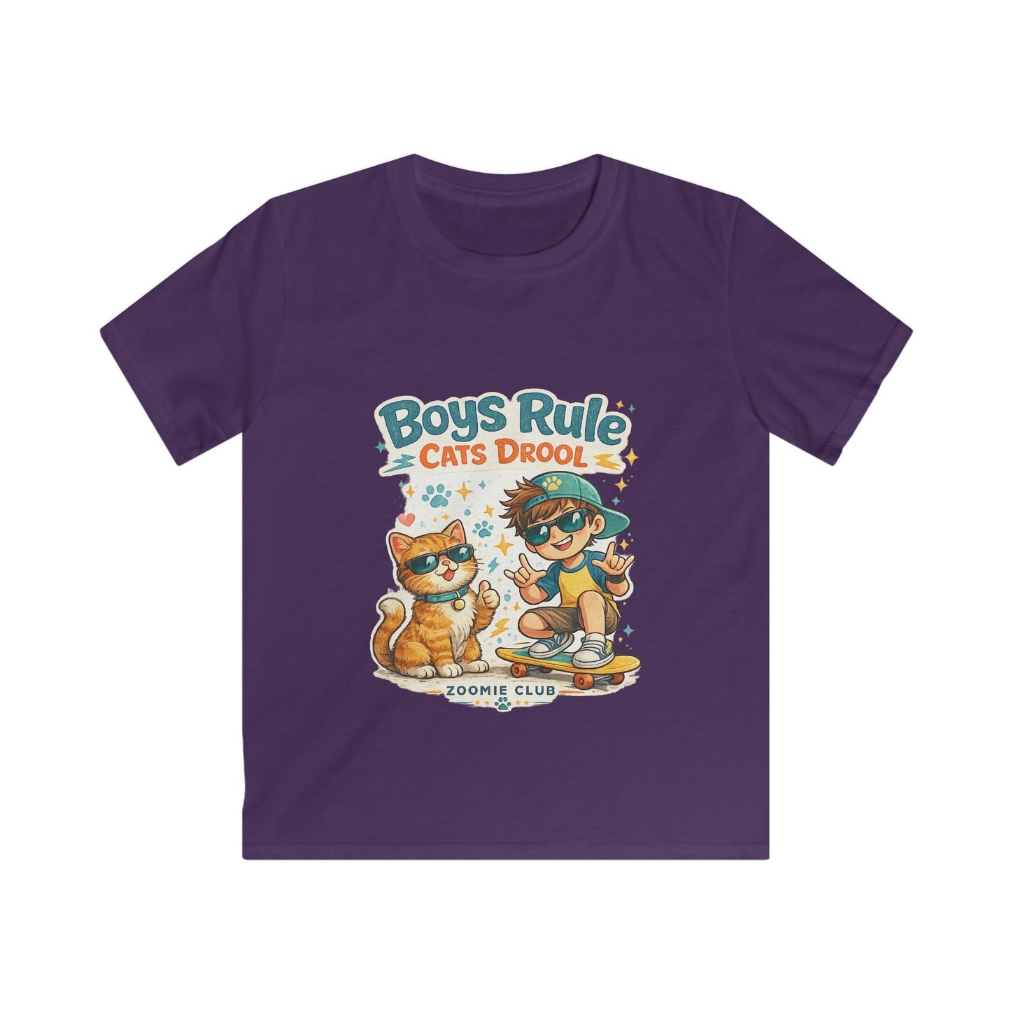 Boys Rule Cats Drool Kids T-Shirt — Cute Skateboard Cat Graphic Tee