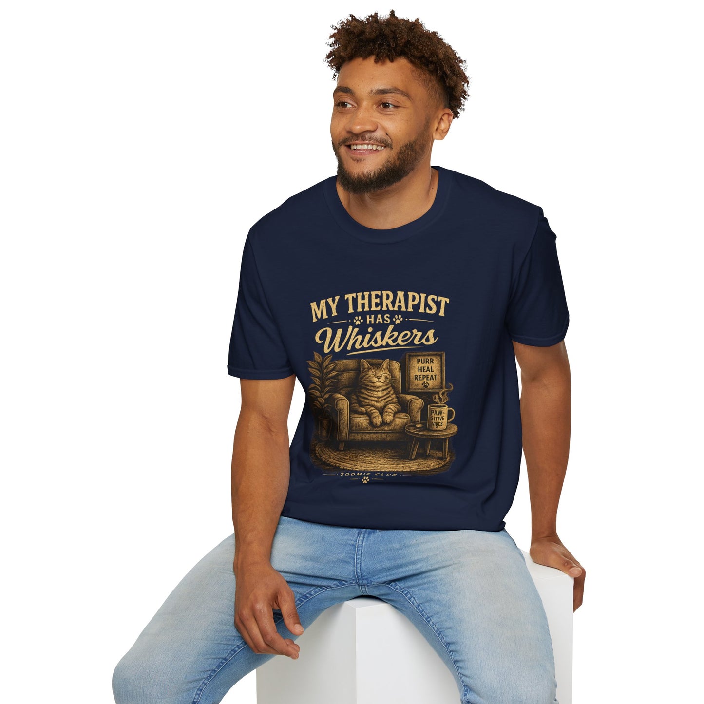 My Therapist Has Whiskers Cat T-Shirt — Funny Cat Lover Tee (Purr Heal Repeat)