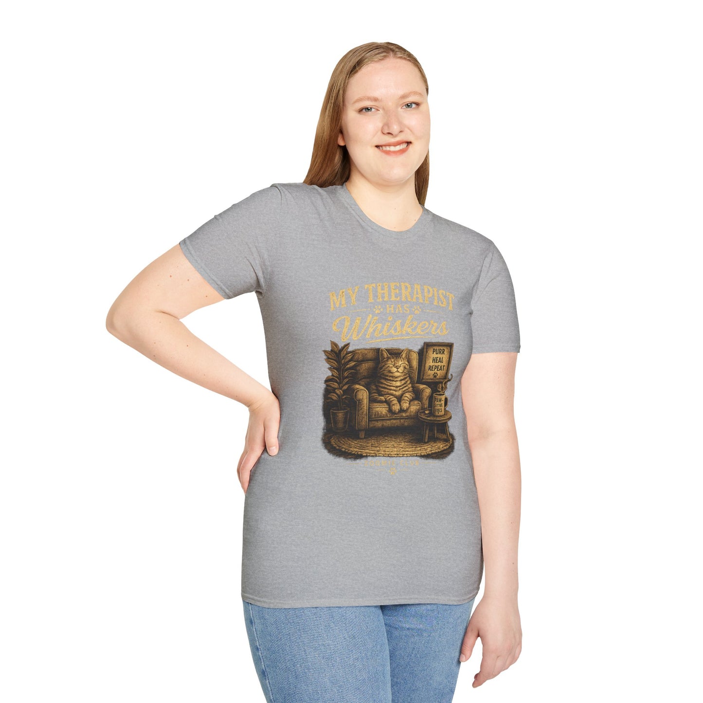 My Therapist Has Whiskers Cat T-Shirt — Funny Cat Lover Tee (Purr Heal Repeat)