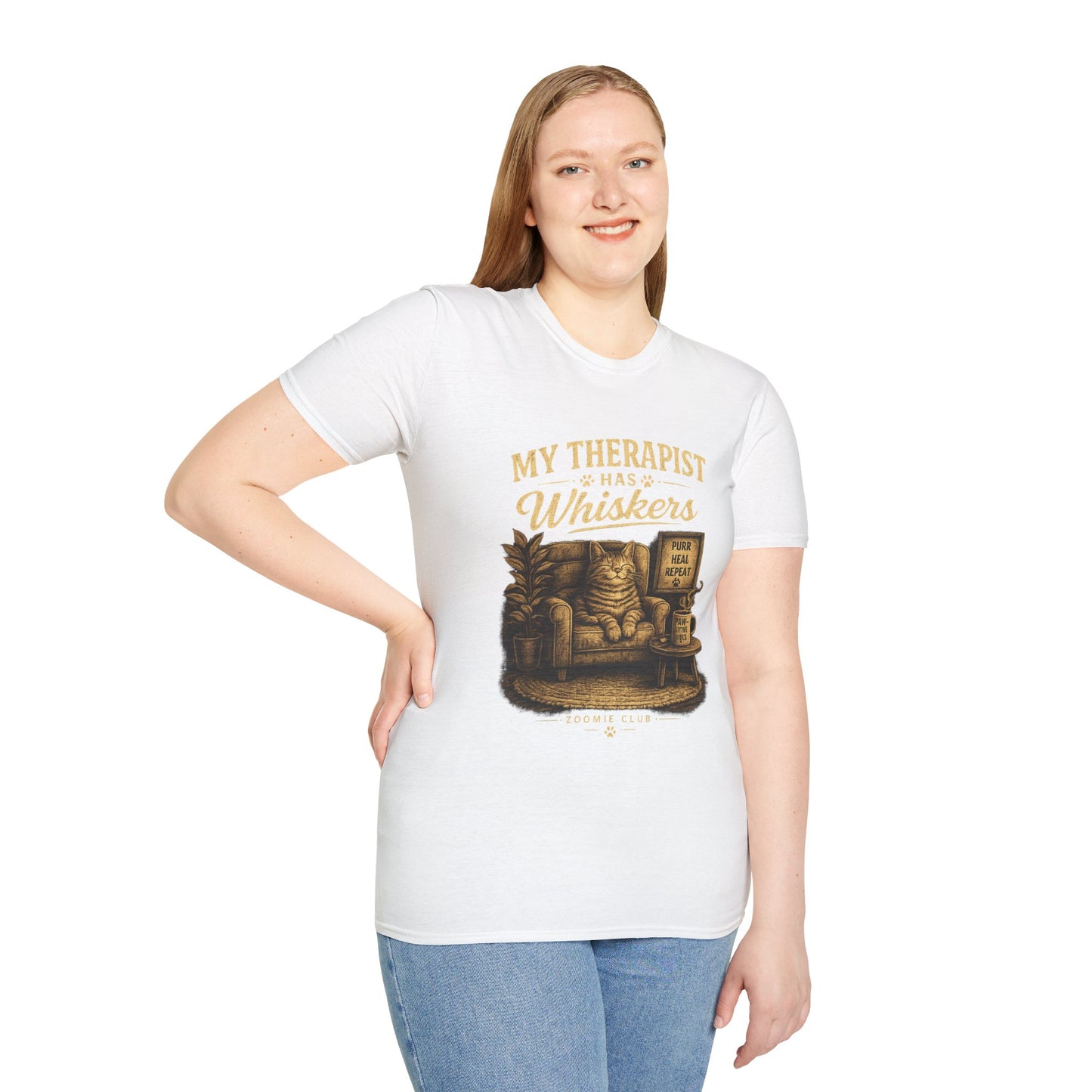 My Therapist Has Whiskers Cat T-Shirt — Funny Cat Lover Tee (Purr Heal Repeat)