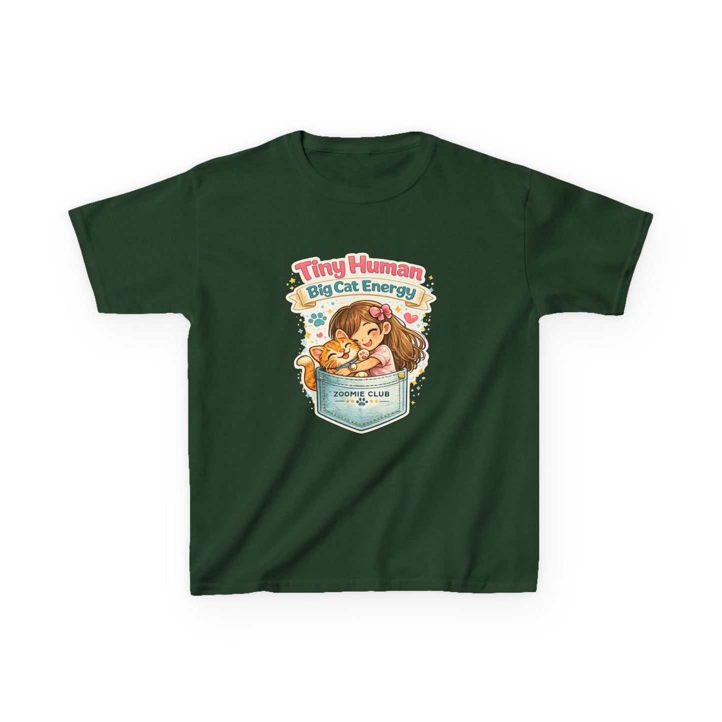 Kids Tee — "Tiny Human, Big Cat Energy" Pocket Kitten Graphic