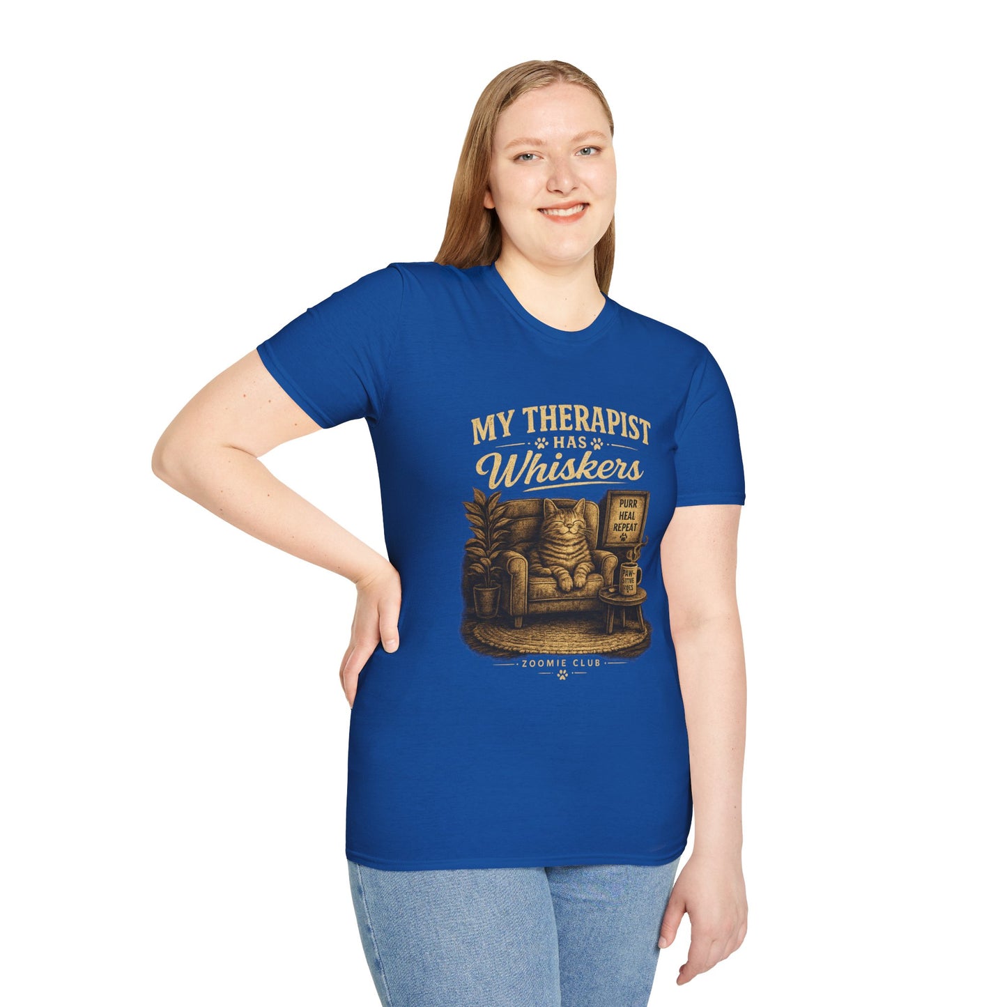 My Therapist Has Whiskers Cat T-Shirt — Funny Cat Lover Tee (Purr Heal Repeat)
