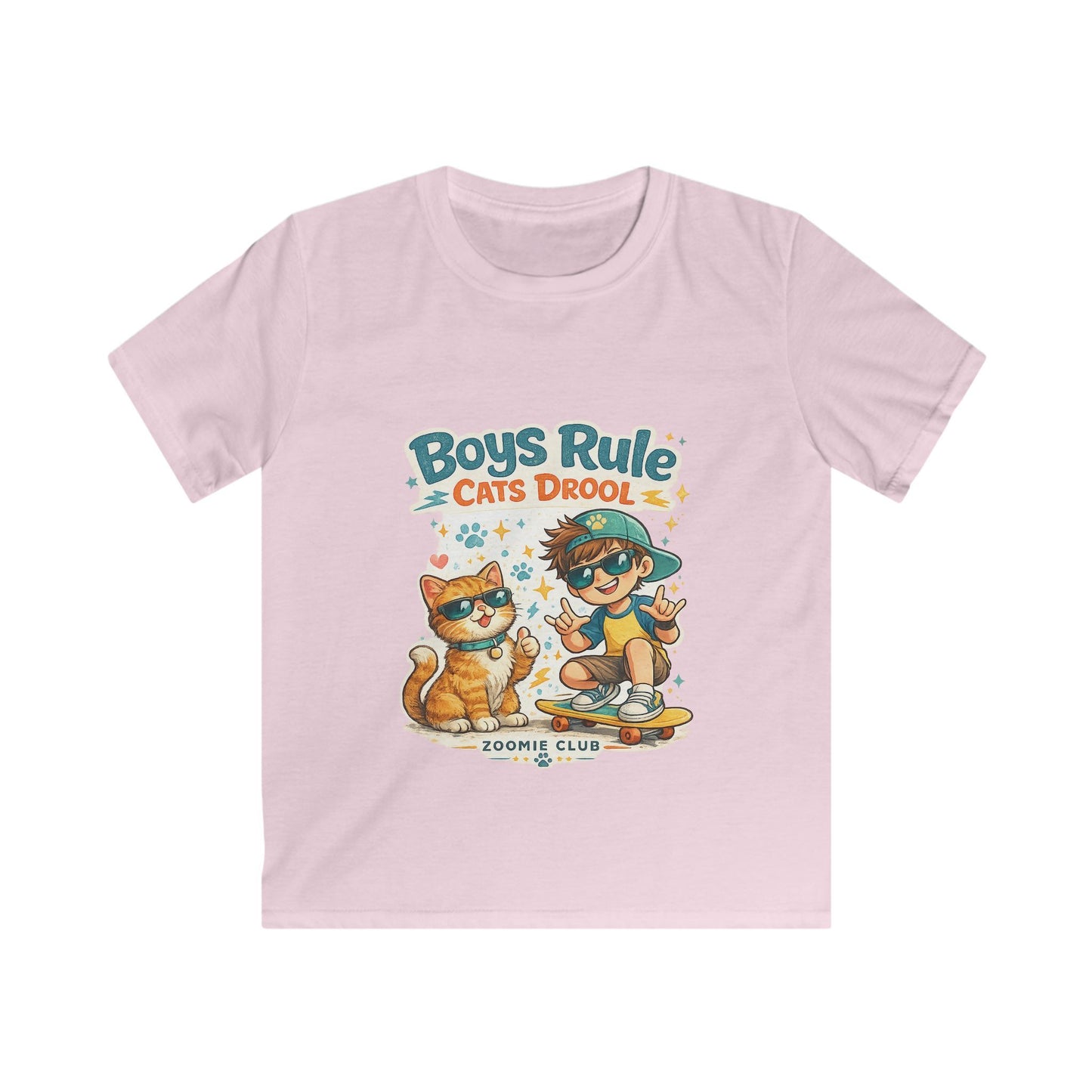 Boys Rule Cats Drool Kids T-Shirt — Cute Skateboard Cat Graphic Tee