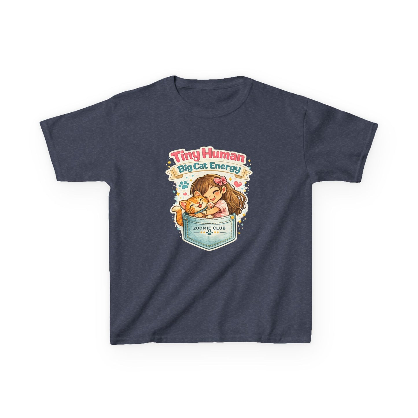 Kids Tee — "Tiny Human, Big Cat Energy" Pocket Kitten Graphic