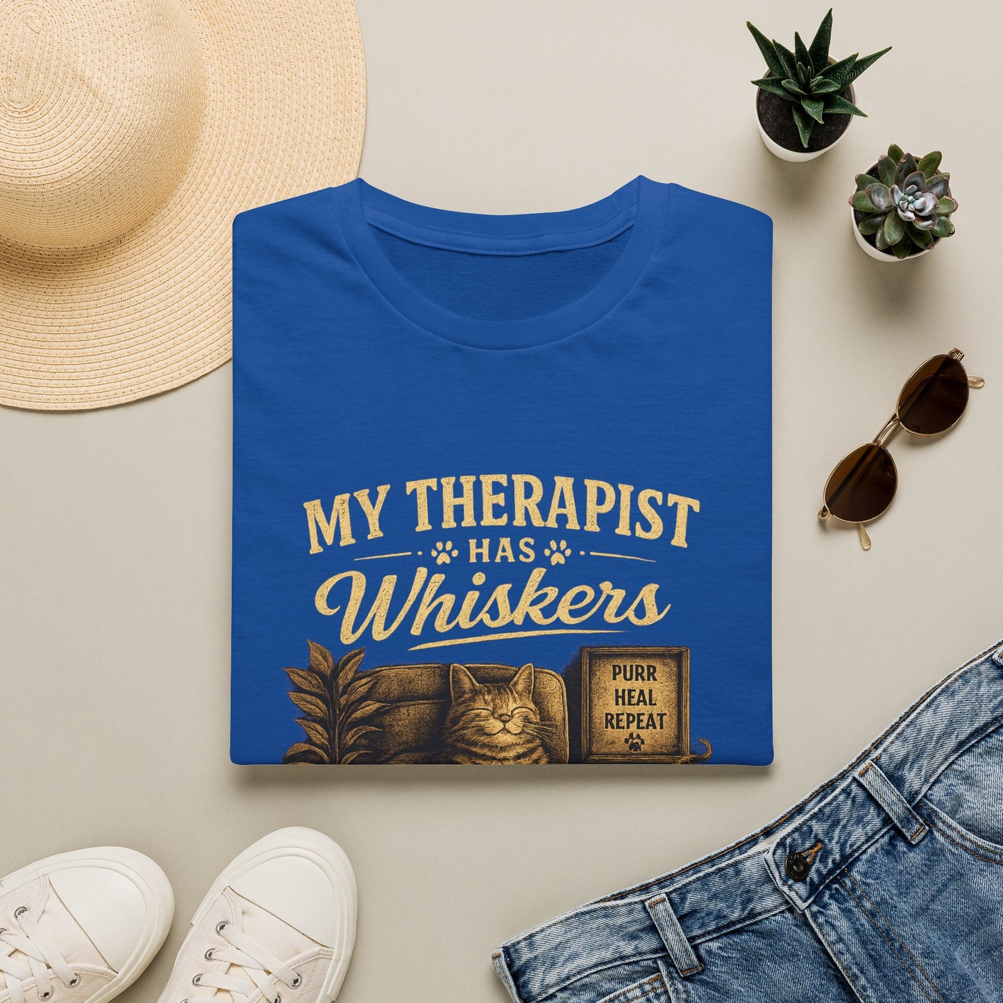 My Therapist Has Whiskers Cat T-Shirt — Funny Cat Lover Tee (Purr Heal Repeat)