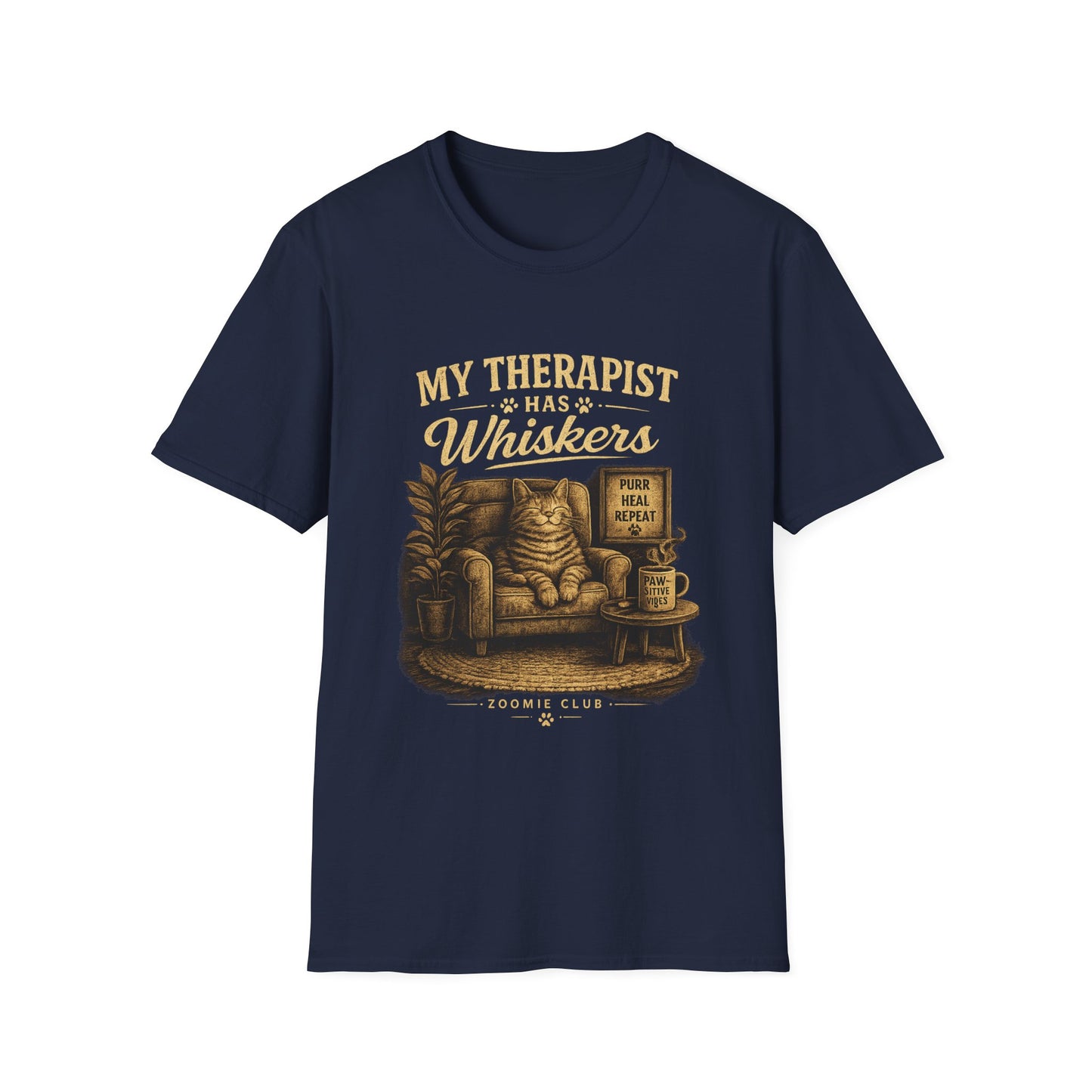 My Therapist Has Whiskers Cat T-Shirt — Funny Cat Lover Tee (Purr Heal Repeat)