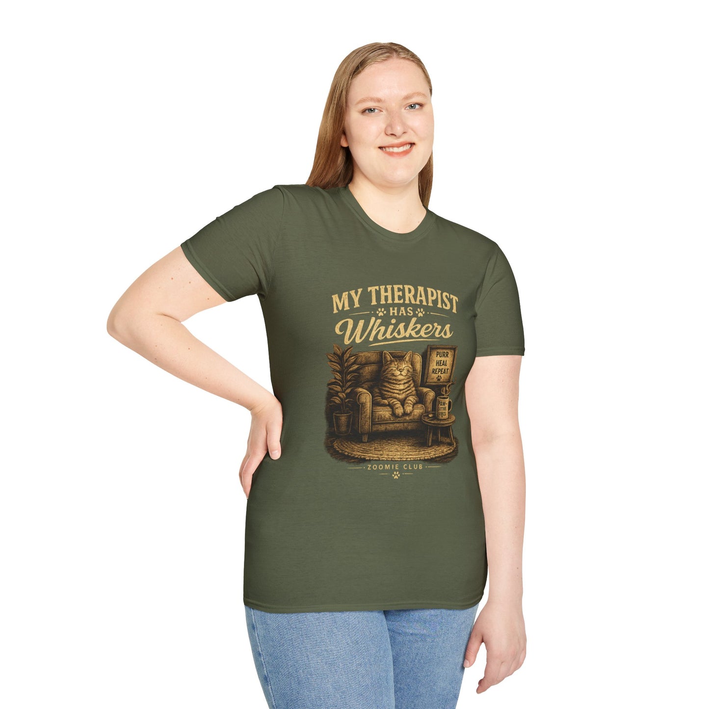 My Therapist Has Whiskers Cat T-Shirt — Funny Cat Lover Tee (Purr Heal Repeat)
