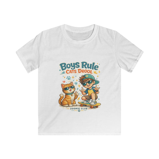 Boys Rule Cats Drool Kids T-Shirt — Cute Skateboard Cat Graphic Tee