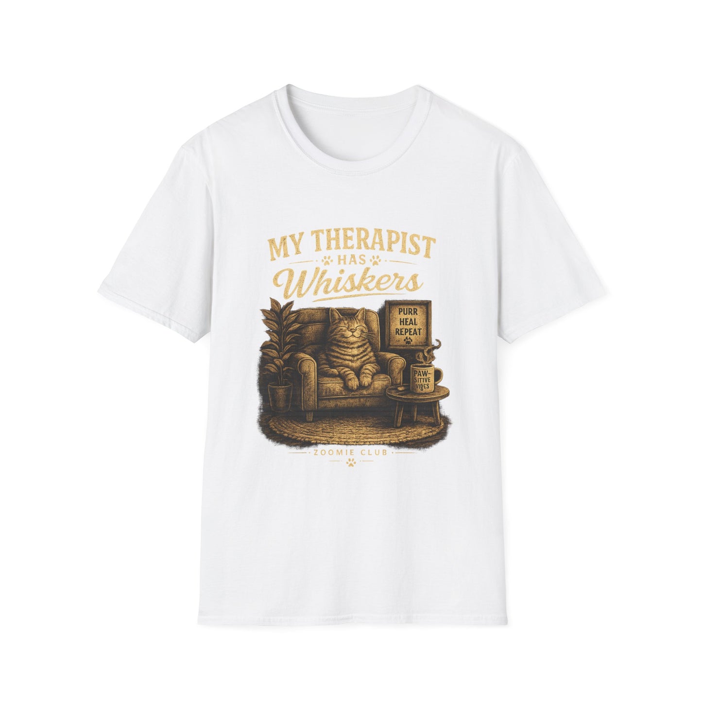My Therapist Has Whiskers Cat T-Shirt — Funny Cat Lover Tee (Purr Heal Repeat)
