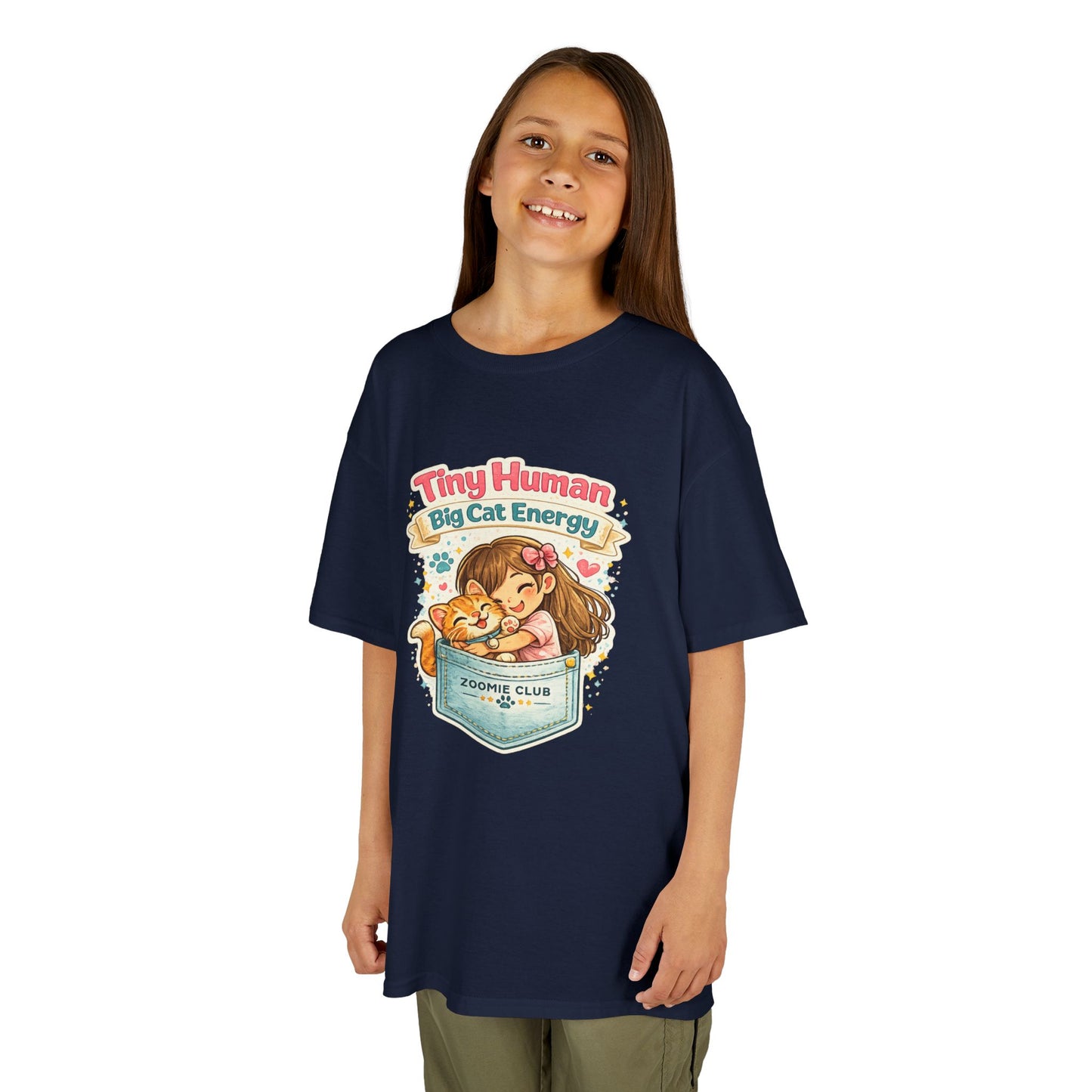 Kids Tee — "Tiny Human, Big Cat Energy" Pocket Kitten Graphic