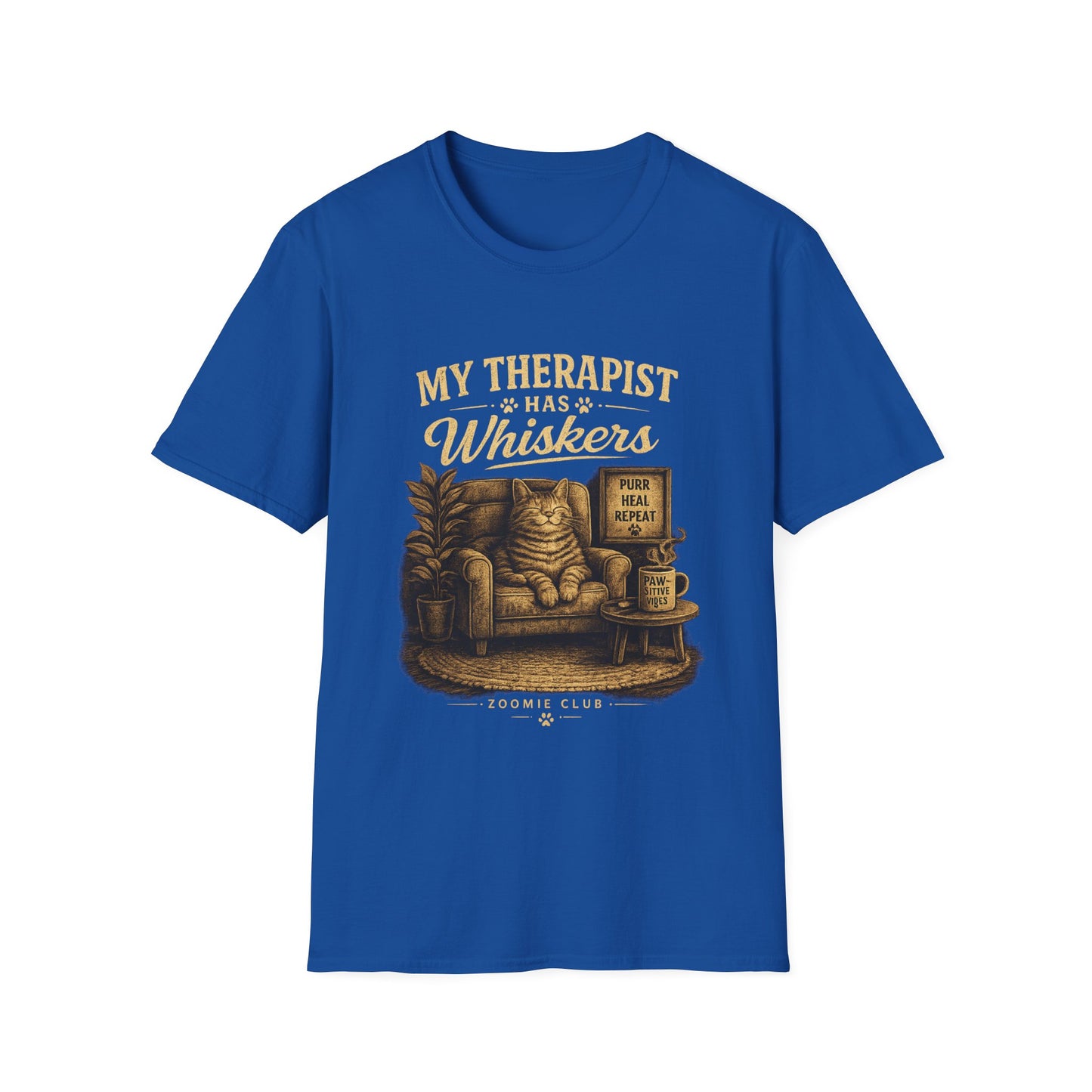 My Therapist Has Whiskers Cat T-Shirt — Funny Cat Lover Tee (Purr Heal Repeat)