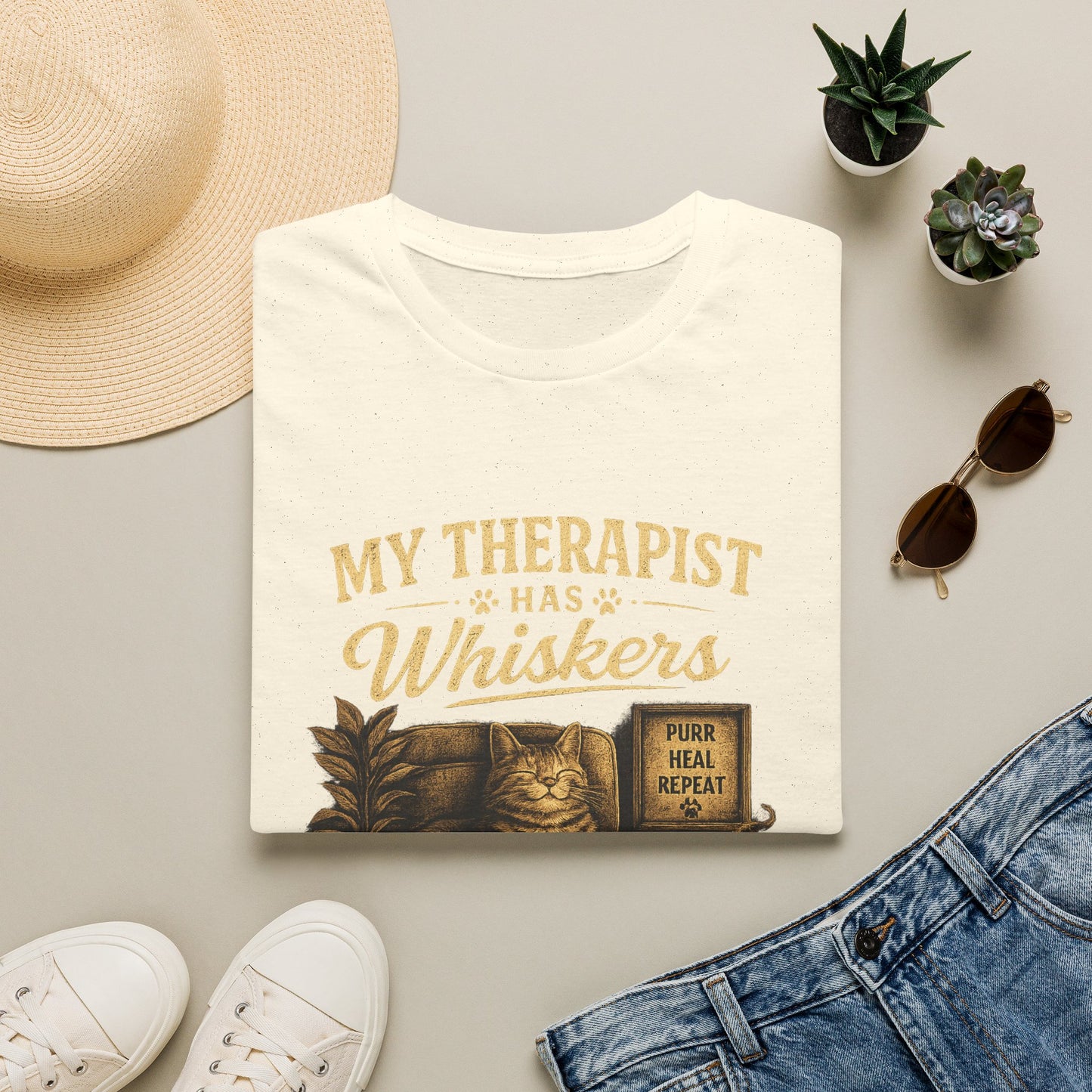 My Therapist Has Whiskers Cat T-Shirt — Funny Cat Lover Tee (Purr Heal Repeat)