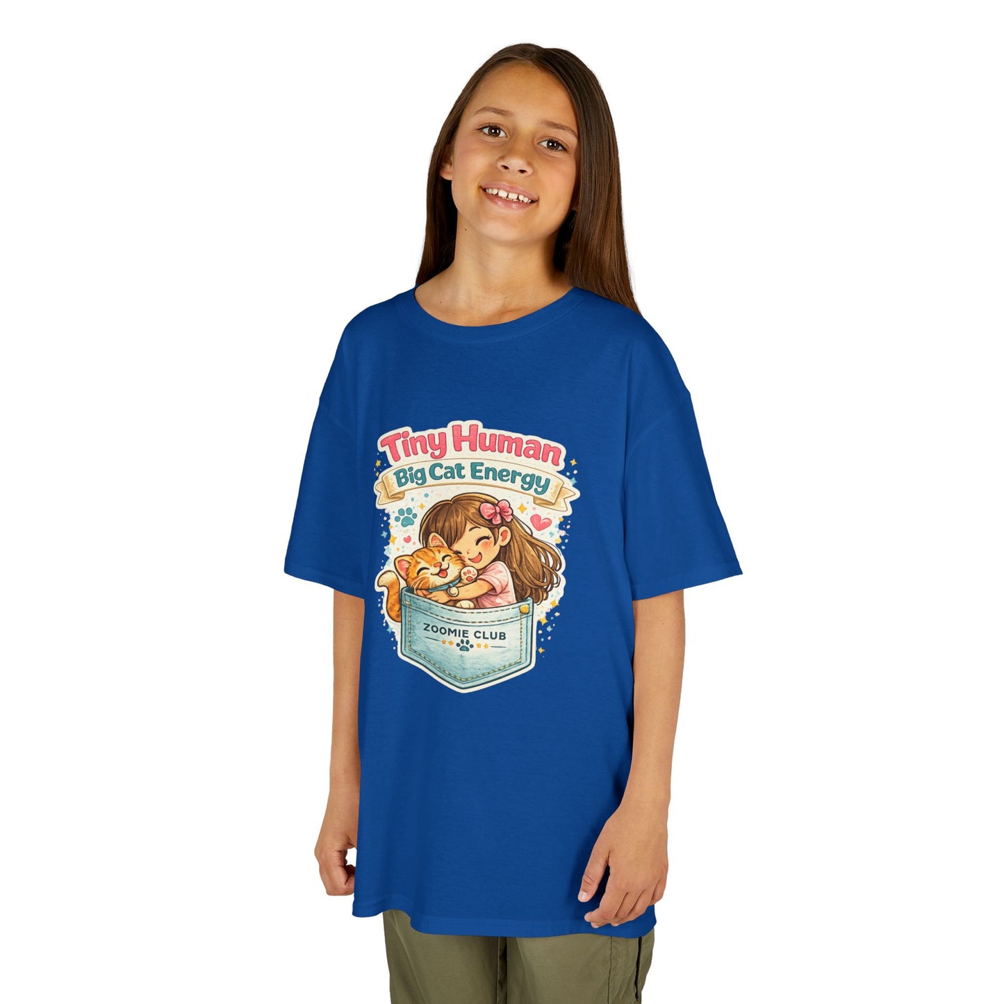 Kids Tee — "Tiny Human, Big Cat Energy" Pocket Kitten Graphic