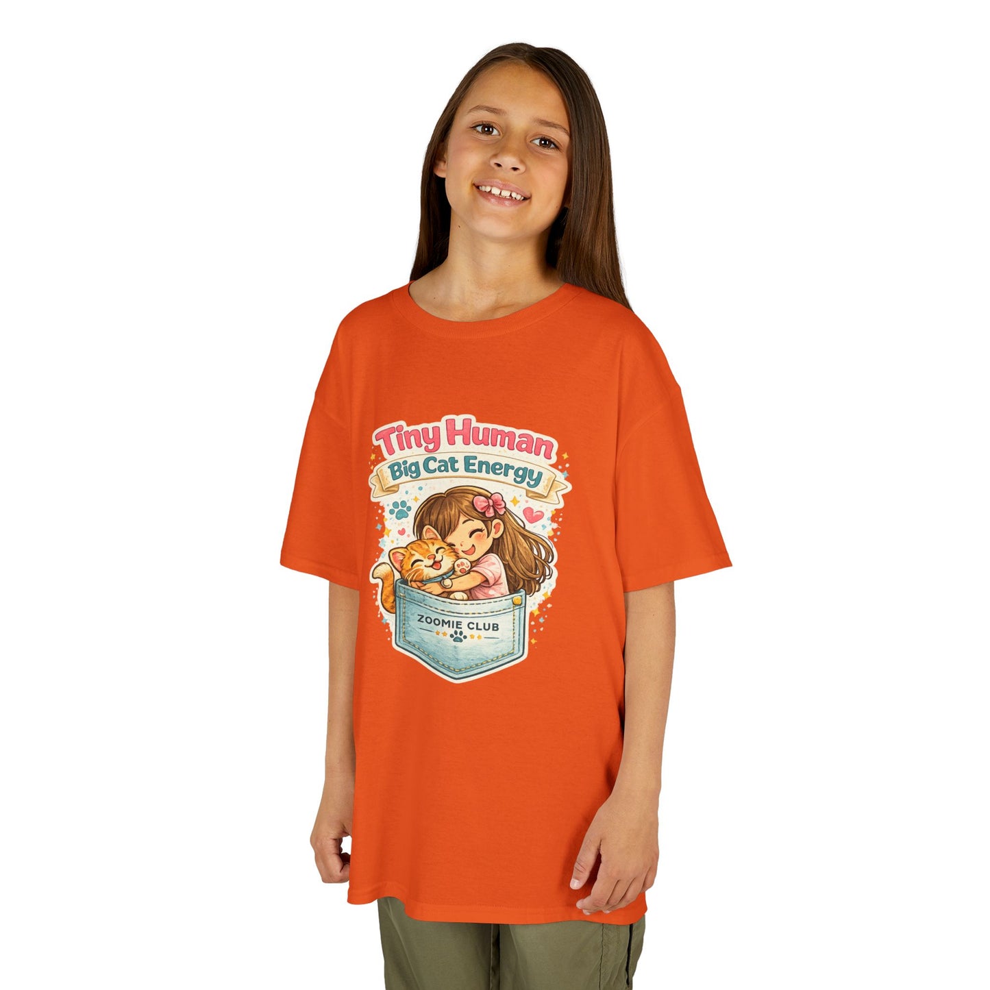 Kids Tee — "Tiny Human, Big Cat Energy" Pocket Kitten Graphic