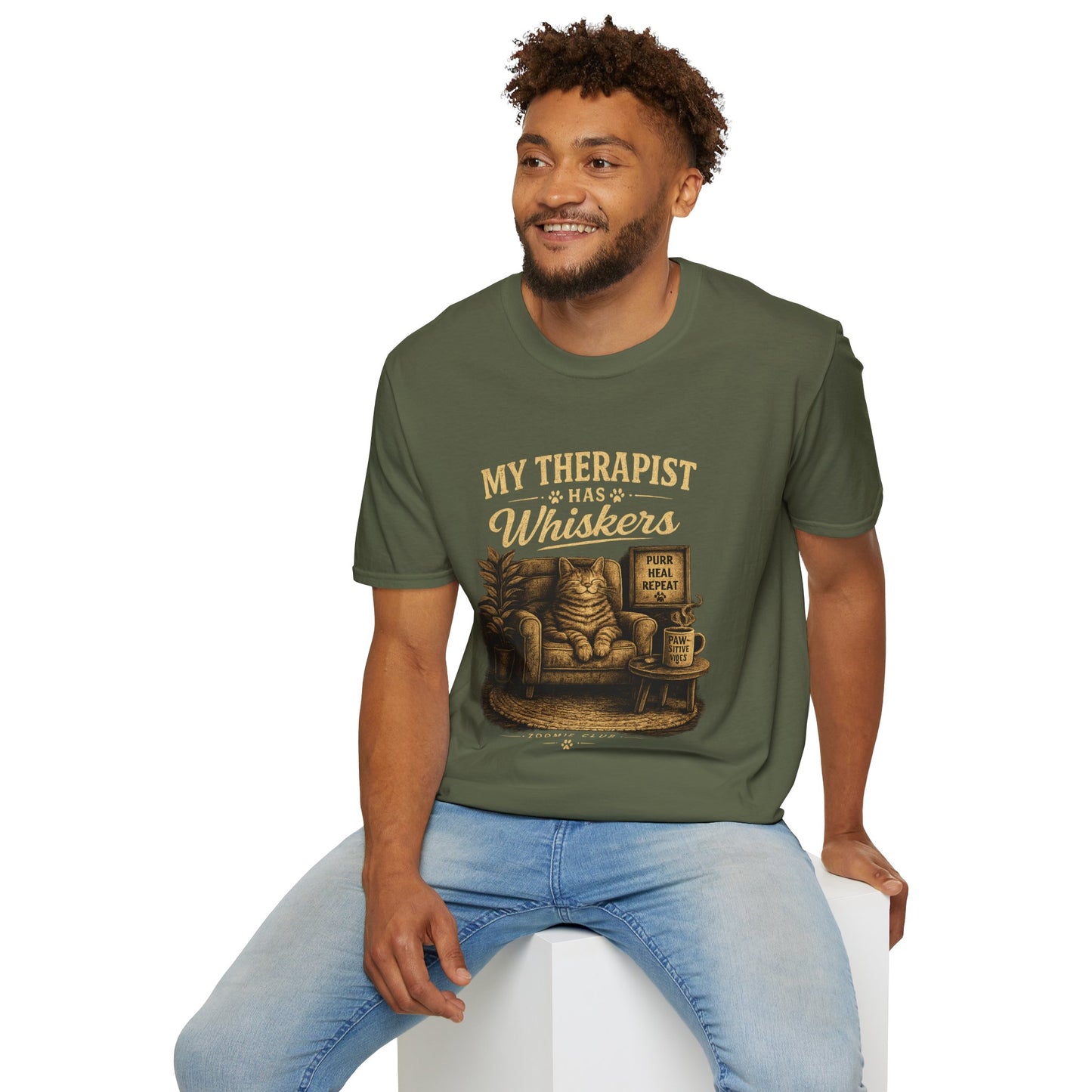 My Therapist Has Whiskers Cat T-Shirt — Funny Cat Lover Tee (Purr Heal Repeat)