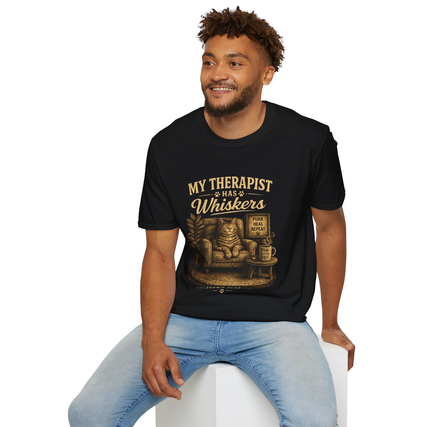 My Therapist Has Whiskers Cat T-Shirt — Funny Cat Lover Tee (Purr Heal Repeat)