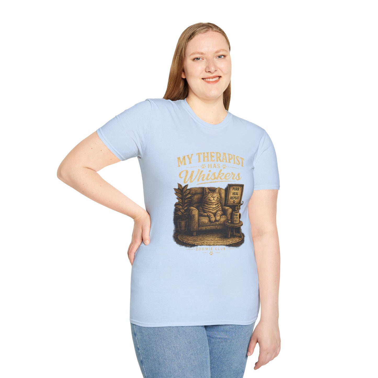 My Therapist Has Whiskers Cat T-Shirt — Funny Cat Lover Tee (Purr Heal Repeat)